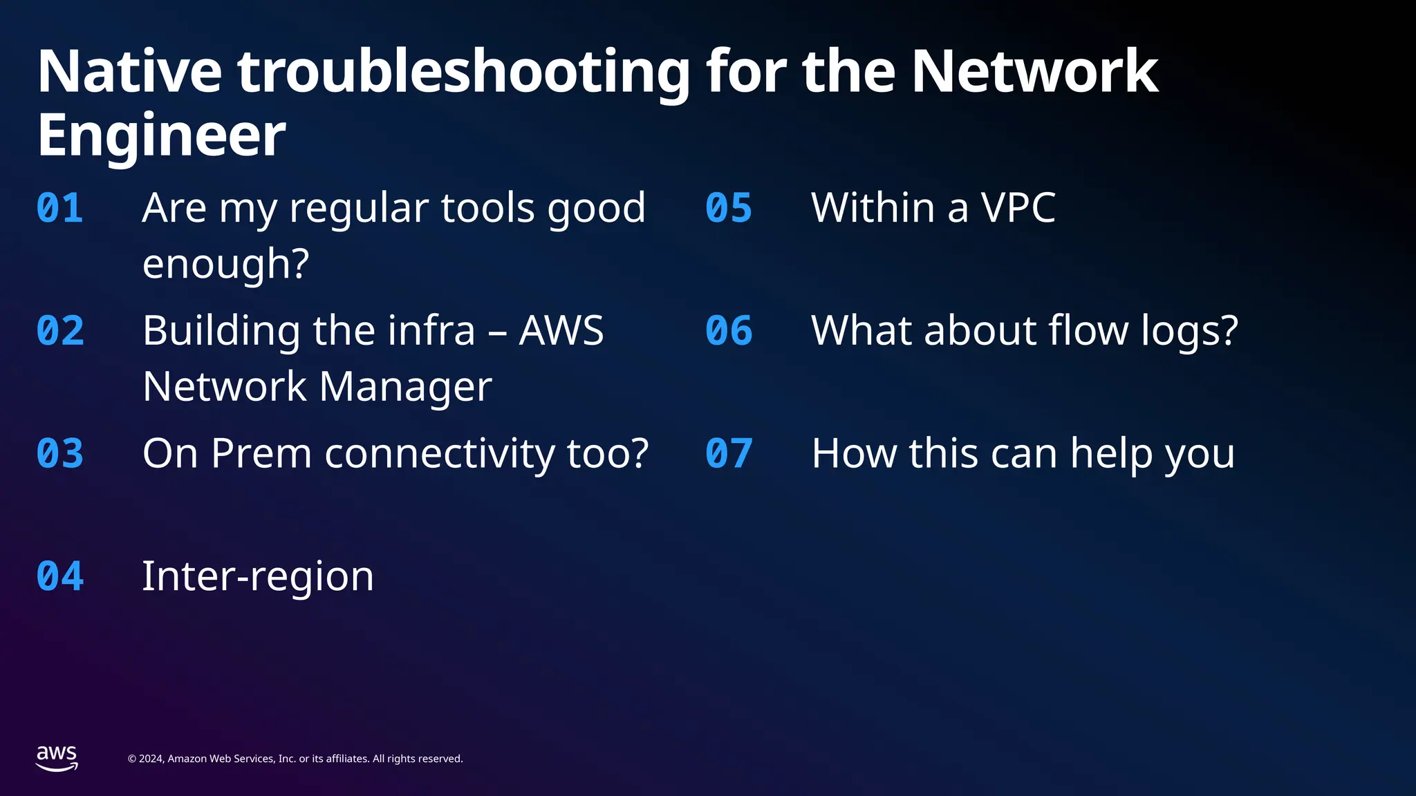© 2024, Amazon Web Services, Inc. or its affiliates. All rights reserved.
Native troubleshooting for the Network
Engineer
01 Are my regular tools good
enough?
05 Within a VPC
02 Building the infra – AWS
Network Manager
06 What about flow logs?
03 On Prem connectivity too? 07 How this can help you
04 Inter-region
 