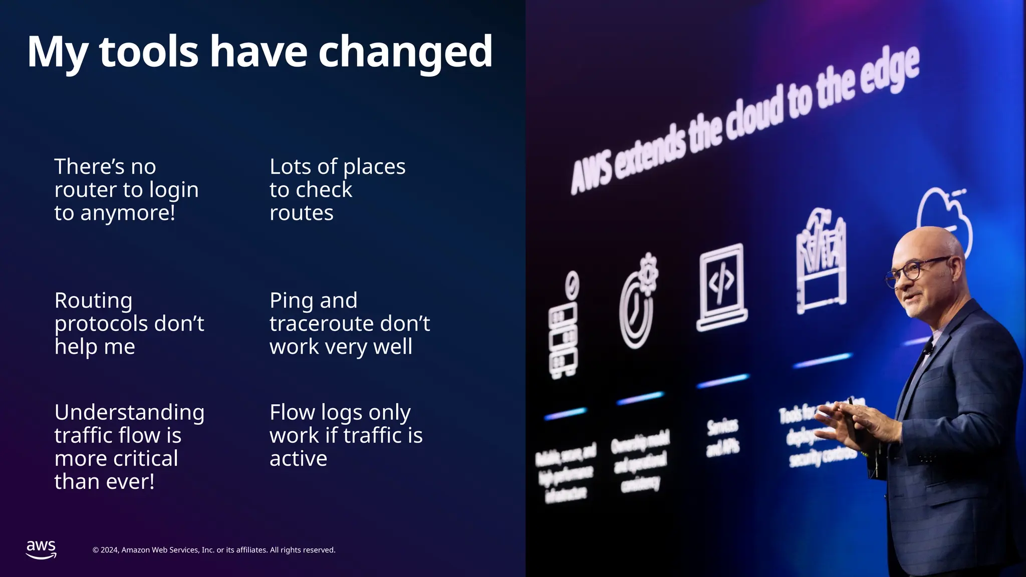 © 2024, Amazon Web Services, Inc. or its affiliates. All rights reserved.
My tools have changed
There’s no
router to login
to anymore!
Lots of places
to check
routes
Understanding
traffic flow is
more critical
than ever!
Routing
protocols don’t
help me
Ping and
traceroute don’t
work very well
Flow logs only
work if traffic is
active
 