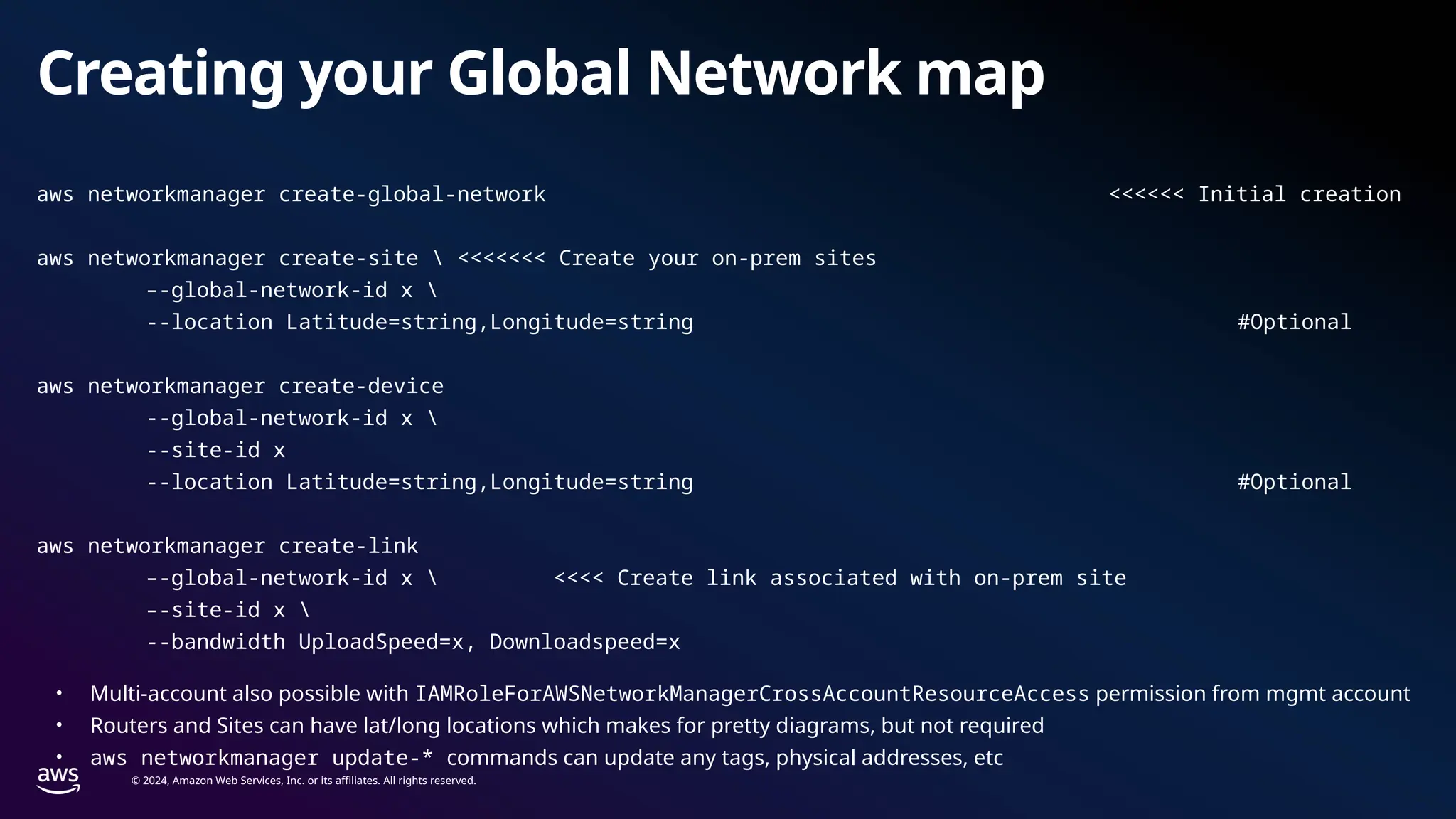© 2024, Amazon Web Services, Inc. or its affiliates. All rights reserved.
Creating your Global Network map
aws networkmanager create-global-network <<<<<< Initial creation
aws networkmanager create-site  <<<<<<< Create your on-prem sites
–-global-network-id x 
--location Latitude=string,Longitude=string #Optional
aws networkmanager create-device
--global-network-id x 
--site-id x
--location Latitude=string,Longitude=string #Optional
aws networkmanager create-link
–-global-network-id x  <<<< Create link associated with on-prem site
–-site-id x 
--bandwidth UploadSpeed=x, Downloadspeed=x
• Multi-account also possible with IAMRoleForAWSNetworkManagerCrossAccountResourceAccess permission from mgmt account
• Routers and Sites can have lat/long locations which makes for pretty diagrams, but not required
• aws networkmanager update-* commands can update any tags, physical addresses, etc
 