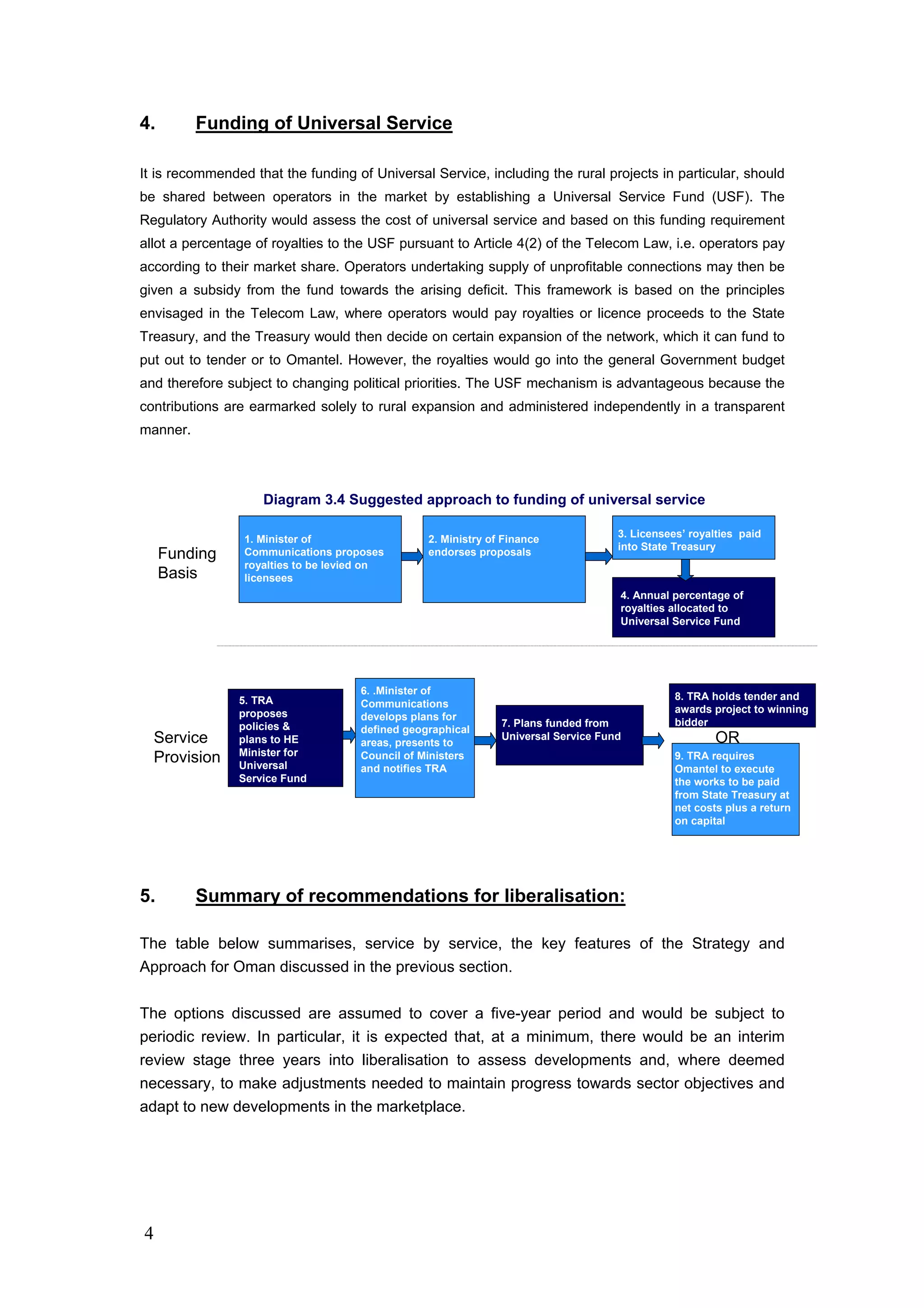 4
4. Funding of Universal Service
It is recommended that the funding of Universal Service, including the rural projects in particular, should
be shared between operators in the market by establishing a Universal Service Fund (USF). The
Regulatory Authority would assess the cost of universal service and based on this funding requirement
allot a percentage of royalties to the USF pursuant to Article 4(2) of the Telecom Law, i.e. operators pay
according to their market share. Operators undertaking supply of unprofitable connections may then be
given a subsidy from the fund towards the arising deficit. This framework is based on the principles
envisaged in the Telecom Law, where operators would pay royalties or licence proceeds to the State
Treasury, and the Treasury would then decide on certain expansion of the network, which it can fund to
put out to tender or to Omantel. However, the royalties would go into the general Government budget
and therefore subject to changing political priorities. The USF mechanism is advantageous because the
contributions are earmarked solely to rural expansion and administered independently in a transparent
manner.
5. Summary of recommendations for liberalisation:
The table below summarises, service by service, the key features of the Strategy and
Approach for Oman discussed in the previous section.
The options discussed are assumed to cover a five-year period and would be subject to
periodic review. In particular, it is expected that, at a minimum, there would be an interim
review stage three years into liberalisation to assess developments and, where deemed
necessary, to make adjustments needed to maintain progress towards sector objectives and
adapt to new developments in the marketplace.
1. Minister of
Communications proposes
royalties to be levied on
licensees
2. Ministry of Finance
endorses proposals
3. Licensees’ royalties paid
into State Treasury
6. .Minister of
Communications
develops plans for
defined geographical
areas, presents to
Council of Ministers
and notifies TRA
7. Plans funded from
Universal Service Fund
8. TRA holds tender and
awards project to winning
bidder
OR
9. TRA requires
Omantel to execute
the works to be paid
from State Treasury at
net costs plus a return
on capital
Funding
Basis
Service
Provision
Diagram 3.4 Suggested approach to funding of universal service
4. Annual percentage of
royalties allocated to
Universal Service Fund
5. TRA
proposes
policies &
plans to HE
Minister for
Universal
Service Fund
 