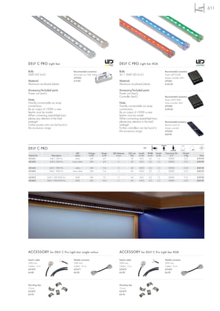 611




DELF C PRO Light bar                                                              DELF C PRO Light bar RGB

Bulb:                                    Recommended connection:                  Bulb:                                              Recommended connection:
SMD LED (incl.)                          LED power unit 12W, 24V=                 3in 1 SMD LED (incl.)                              Power LIM®2 RGB
                                         470502                                                                                      Master controller 24V=
Material:                                £19.90                                   Material:                                          470581
Aluminium anodized/plastic                                                        Aluminium anodized/plastic                         £165.00

Accessory/Included parts:                                                         Accessory/Included parts:
Power unit (excl.)                                                                Power unit (excl.)
                                                                                  Controller (excl.)                                 Recommended connection:
Note:                                                                                                                                Power LIM®2 RGB
Directly connectable via wrap                                                     Note:                                              Slave controller 24V=
connections.                                                                      Directly connectable via wrap                      470582
By an output of >50W a new                                                        connections.                                       £149.00
feed-in must be made!                                                             By an output of >50W a new
When connecting several light bars,                                               feed-in must be made!
please pay attention to the total                                                 When connecting several light bars,
wattage!                                                                          please pay attention to the total                  Recommended accessory:
Further power units can be found in                                               wattage!                                           Remote control for
the accessory range.                                                              Further controllers can be found in                Master controller
                                                                                  the accessory range.                               470520
                                                                                                                                     £34.90




                                                                                                                                                          120°
DELF C PRO                                                                                                  24=
                                                                                                                          +A         +A        +A

                                           LED           Voltage    Power   LED distance    LEDs per   Length     Width   Height     Operating life        Weight
Article No.          Description          colour          in DC      in W      in cm          bar       in cm     in cm   in cm          in h               in kg     Price
631451              Delf C 500 Pro         white           24V        4,9       1,1           30        50,0       2,0     1,5         20000                0,12    £39.90
631452              Delf C 500 Pro      warm white         24V        4,9       1,1           30        50,0       2,0     1,5         20000                0,12    £39.90

631461              Delf C 1000 Pro       white               24V   11,6        1,1            60      100,0       2,0         1,5        20000             0,23    £69.50
631462              Delf C 1000 Pro     warm white            24V   11,6        1,1            60      100,0       2,0         1,5        20000             0,23    £69.50

631453            Delf C 500 RGB Pro       RGB                24V    7,5        1,1            30       50,0       2,0         1,5        20000             0,12    £39.90
631463            Delf C 1000 RGB Pro      RGB                24V   14,6        1,1            60      100,0       2,0         1,5        20000             0,23    £69.50




ACCESSORY for DELF C Pro Light bar single colour                                  ACCESSORY for DELF C Pro Light bar RGB

Feed-in cable                            Flexible connector                       Feed-in cable                                      Flexible connector
50W max.                                 50W max.                                 50W max.                                           50W max.
Cable-L: 1,5 m                           Cable-L: 12 cm                           Cable-L: 1,5 m                                     Cable-L: 12 cm
631470                                   631471                                   631473                                             631474
£4.80                                    £6.90                                    £6.90                                              £6.90




Mounting clips                                                                    Mounting clips
10 pce.                                                                           10 pce.
631472                                                                            631472
£5.95                                                                             £5.95
 