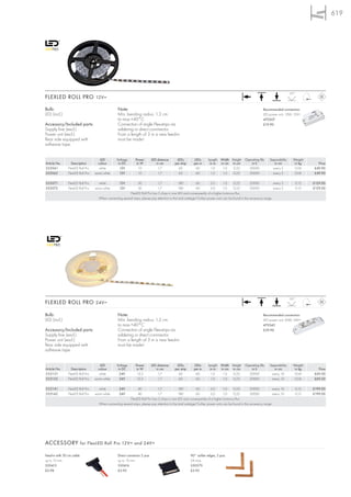 619




                                                                                                                                                                                     120°
FLEXLED ROLL PRO 12V=

Bulb:                                              Note:                                                                                                         Recommended connection:
LED (incl.)                                        Min. bending radius: 1,3 cm                                                                                   LED power unit, 12W, 12V=
                                                   ta max.+40°C                                                                                                  470507
Accessory/Included parts:                          Connection of single Flex-strips via                                                                          £19.90
Supply line (excl.)                                soldering or direct connnector.
Power unit (excl.)                                 From a length of 3 m a new feed-in
Rear side equipped with                            must be made!
adhesive tape.


                                      LED         Voltage       Power        LED distance      LEDs         LEDs       Length    Width Height      Operating life     Separability     Weight
Article No.       Description        colour        in DC         in W           in cm         per strip     per m       in m     in cm in cm           in h              in cm          in kg     Price
552061          FlexLED Roll Pro      white         12V           10             1,7            60           60          1,0      1,0   0,22         20000              every 5         0,04    £49.90
552062          FlexLED Roll Pro   warm white       12V           10             1,7            60           60          1,0      1,0   0,22         20000              every 5         0,04    £49.90

552071          FlexLED Roll Pro     white          12V          30             1,7              180           60         3,0       1,0     0,22        20000            every 5        0,13    £129.00
552072          FlexLED Roll Pro   warm white       12V          30             1,7              180           60         3,0       1,0     0,22        20000            every 5        0,13    £129.00
                                                          FlexLED Roll Pro has 3 chips in one LED and consequently of a higher luminous flux.
                                     When connecting several strips, please pay attention to the total wattage! Further power units can be found in the accessory range.




                                                                                                                                                                                     120°
FLEXLED ROLL PRO 24V=

Bulb:                                              Note:                                                                                                         Recommended connection:
LED (incl.)                                        Min. bending radius: 1,3 cm                                                                                   LED power unit, 20W, 24V=
                                                   ta max.+40°C                                                                                                  470542
Accessory/Included parts:                          Connection of single Flex-strips via                                                                          £39.90
Supply line (excl.)                                soldering or direct connnector.
Power unit (excl.)                                 From a length of 3 m a new feed-in
Rear side equipped with                            must be made!
adhesive tape.


                                      LED         Voltage       Power        LED distance      LEDs         LEDs       Length    Width Height      Operating life     Separability     Weight
Article No.       Description        colour        in DC         in W           in cm         per strip     per m       in m     in cm in cm           in h              in cm          in kg     Price
552131          FlexLED Roll Pro      white         24V          13,3            1,7            60           60          1,0      1,0   0,22         20000             every 10         0,04    £69.50
552132          FlexLED Roll Pro   warm white       24V          13,3            1,7            60           60          1,0      1,0   0,22         20000             every 10         0,04    £69.50

552141          FlexLED Roll Pro     white          24V          40             1,7              180           60         3,0       1,0     0,22        20000            every 10       0,13    £199.00
552142          FlexLED Roll Pro   warm white       24V          40             1,7              180           60         3,0       1,0     0,22        20000            every 10       0,13    £199.00
                                                          FlexLED Roll Pro has 3 chips in one LED and consequently of a higher luminous flux.
                                     When connecting several strips, please pay attention to the total wattage! Further power units can be found in the accessory range.




ACCESSORY for FlexLED Roll Pro 12V= and 24V=

Feed-in with 30 cm cable                           Direct connector 2 pce.                                90° solder edges, 2 pce.
up to 10 mm                                        up to 10 mm                                            2A max.
550413                                             550416                                                 550570
£2.98                                              £3.95                                                  £3.95
 