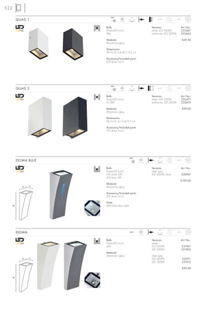 522
                       240~      LED        90°
       QUAD 1             mA
                         700    1 pce.
                                                                 ta 40°   0,25      IP44



                    Bulb:                                   Versions:                      Art. No.:
                    PowerLED (incl.)                        white, LED 3000K               232461
                    3W                                      anthracite, LED 3000K          232465

                    Material:                                                              £69.50
                    Aluminium/glass

                    Dimensions:
                    W/H/D: 6,4/8,7/4,2 cm

                    Accessory/Included parts:
                    LED driver (incl.)




                       240~      LED        60°
       QUAD 2             mA
                         700    2 pce.
                                                                 ta 40°
                                                                          0,6
                                                                                    IP44



                    Bulb:                                   Versions:                      Art. No.:
                    PowerLED (incl.)                        white, LED 3000K               232471
                    2x 3W                                   anthracite, LED 3000K          232475

                    Material:                                                              £99.00
                    Aluminium/glass

                    Dimensions:
                    W/H/D: 4/12,4/9,5 cm

                    Accessory/Included parts:
                    LED driver (incl.)




                                         240~       LED           90°
       DELWA BLUE                           mA
                                           350     2 pce.
                                                                          0,45      IP44



                    Bulb:                                   Versions:                      Art. No.:
                    PowerLED (incl.)                        silver grey
                    LED white 5W                            LED 6000K/blue                 230767
                    LED blue 1W
                                                                                       £129,00
                    Material:
          6    6    Aluminium/glass

                    Accessory/Included parts:
                    LED driver (incl.)

                    Note:
  18                With blue deco light.




                                                    LED           90°
       DELWA                                240~
                                                   1 pce.
                                                                          0,4       IP44



                    Bulb:                                   Versions:                      Art. No.:
                    PowerLED (incl.)                        white
                    4W                                      LED 6000K                      231901
                                                            LED 3000K                      231902
                    Material:
                    Aluminium/glass                         silver grey
          6    6                                            LED 6000K                      231911
                                                            LED 3000K                      231912

                                                                                           £99.00


  18
 