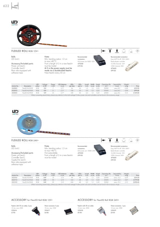 622




                                                                                                                                                                                              120°
      FLEXLED ROLL RGB 12V=

      Bulb:                                                Note:                                                   Recommended                                            Recommended connection:
      LED (incl.)                                          Min. bending radius: 1,3 cm                             connection:                                            Easy LIM® Pro RF 12V=/24V=
                                                           ta max.+40°C                                            LED power unit, 60W, 12V=                              Radio-Master controller
      Accessory/Included parts:                            From a length of 3 m a new feed-in                      470508                                                 16,5W/channel, 12V=
      Power unit (excl.)                                   must be made!                                           £79.90                                                 33W/channel, 24V=
      Controller (excl.)                                   At 5 m the power supply must be                                                                                470600
      Rear side equipped with                              made via a double-sided feed-in.                                                                               £99.00
      adhesive tape.                                       New feed-in every 50 cm




                                            LED       Voltage         Power      LED distance           LEDs         LEDs      Length Width Height Operating life              Separability     Weight
      Article No.         Description      colour      in DC           in W           in cm           per strip      per m      in m     in cm in cm             in h              in cm         in kg      Price
      552003           FlexLED Roll RGB     RGB         12V              7            2,77               36           36         1,0      1,0       0,22        20000           every 8,3        0,06     £39.90
      552013           FlexLED Roll RGB     RGB         12V              21           2,77              108           36         3,0      1,0       0,22        20000           every 8,3        0,08     £99.00
      552023           FlexLED Roll RGB     RGB         12V             35            2,77              180           36         5,0      1,0       0,22        20000           every 8,3        0,10    £149.00
                                      When connecting several strips, please pay attention to the total wattage! Further power units and controllers can be found in the accessory range.




                                                                                                                                                                                              120°
      FLEXLED ROLL RGB 24V=

      Bulb:                                                Note:                                                   Recommended                                            Recommended connection:
      LED (incl.)                                          Min. bending radius: 1,3 cm                             connection:                                            Easy LIM® Pro RF 12V=/24V=
                                                           ta max.+40°C                                            LED power unit, 100W, 24V=                             Radio-Master controller
      Accessory/Included parts:                            Not extendable.                                         470500                                                 16,5W/channel, 12V=
      Power unit (excl.)                                   From a length of 5 m a new feed-in                      £99.00                                                 33W/channel, 24V=
      Controller (excl.)                                   must be made!                                                                                                  470600
      Supply line (excl.)                                                                                                                                                 £99.00
      Rear side equipped with
      adhesive tape.



                                            LED       Voltage         Power      LED distance           LEDs         LEDs      Length Width Height Operating life              Separability     Weight
      Article No.         Description      colour      in DC           in W           in cm           per strip      per m      in m     in cm in cm             in h              in cm         in kg      Price
      552103           FlexLED Roll RGB     RGB         24V             10             2,10              48           48         1,0      1,5       0,20        20000           every 12,5       0,04     £59.50
      552113           FlexLED Roll RGB     RGB         24V             30             2,10             144           48         3,0      1,5       0,20        20000           every 12,5       0,07    £179.00
      552123           FlexLED Roll RGB     RGB         24V             50             2,10             240           48         5,0      1,5       0,20        20000           every 12,5       0,10    £298.00
                                      When connecting several strips, please pay attention to the total wattage! Further power units and controllers can be found in the accessory range.




      ACCESSORY for FlexLED Roll RGB 12V=                                                                          ACCESSORY for FlexLED Roll RGB 24V=

      Feed-in with 30 cm cable, 2 pce.                     Direct connector 2 pce.                                 Feed-in with 50 cm cable                               Direct connector, 1 pce.
      10 mm, max. 25W                                      10 mm, max. 25W                                         15 mm, max. 50W                                        15 mm, max. 50W
      550414                                               550417                                                  550418                                                 550419
      £7.90                                                £4.80                                                   £9.90                                                  £9.90
 