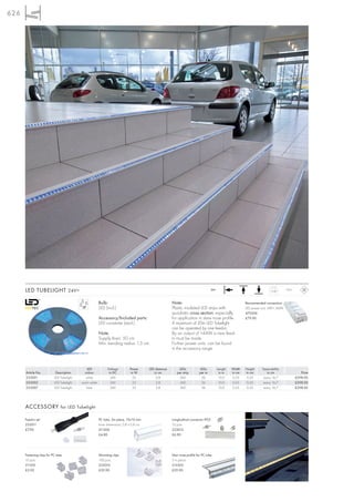 626




      LED TUBELIGHT 24V=                                                                                                              24=                                     0,46       IP55



                                                        Bulb:                                           Note:                                                Recommended connection:
                                                        LED (incl.)                                     Plastic insulated LED strips with                    LED power unit, 24V=, 60W
                                                                                                        quadratic cross section, especially                  470506
                                                        Accessory/Included parts:                       for application in stare nose profile.               £79.90
                                                        LED converter (excl.)                           A maximum of 20m LED Tubelight
                                                                                                        can be operated by one feed-in.
                                                        Note:                                           By an output of >44W a new feed-
                                                        Supply line-L: 50 cm.                           in must be made
                                                        Min. bending radius: 1,3 cm.                    Further power units can be found
                                                                                                        in the accessory range.



                                              LED             Voltage         Power      LED distance       LEDs            LEDs            Length   Width   Height     Separability
      Article No.           Description      colour            in DC           in W         in cm          per strip        per m            in m    in cm   in cm         in cm                   Price
      233001               LED Tubelight      white             24V             22           2,8            360              36              10,0    0,55     0,35       every 16,7             £298.00
      233002               LED Tubelight   warm white           24V             22           2,8            360              36              10,0    0,55     0,35       every 16,7             £298.00
      233007               LED Tubelight      blue              24V             22           2,8            360              36              10,0    0,55     0,35       every 16,7             £298.00




      ACCESSORY for LED Tubelight

      Feed-in set                                       PC tube, 2m piece, 10x10 mm                     Longitudinal connector IP55
      233011                                            Inner dimensions: 0,8 x 0,8 cm                  10 pce.
      £7.90                                             211200                                          233012
                                                        £4.80                                           £6.90




      Fastening clips for PC tube                       Mounting clips                                  Stair nose profile for PC tube
      10 pce.                                           100 pce.                                        2 m piece
      211201                                            233010                                          213302
      £5.95                                             £29.90                                          £29.90
 