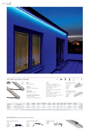 628




                                                                                                                                                                                       120°
      LED STRIP OUTDOOR 100 PRO                                                                                                           24=                                                    IP55



                                                        Bulb:                                                 Note:                                                Recommended connection:
                                                        SMD LED (incl.)                                       Strips cast in artificial resin.                     LED power unit
                                                                                                              Dimmable with PWM converter.                         12W, 24V=
                                                        Material:                                             Operating temperature                                470502
                                                        Aluminium/artificial resin                            max. +40°C.                                          £19.90
                                                                                                              Please protect from direct solar
                                                        Dimensions:                                           radiation.                                           Recommended connection:
                                                        Supply line-L: 10 cm                                  By an output of >50W a new                           1 channel PWM converter
                                                                                                              feed-in must be made!                                100W, 24V=
                                                        Accessory/Included parts:                             Further power units can be found in                  470550
                                                        Power unit (excl.)                                    the accessory range                                  £69.50
                                                        Connector and coupler (incl.)



                                                          LED            Voltage       Power        LED distance        LEDs         LEDs       Length Width Height Operating life      Weight
      Article No.               Description              colour           in DC         in W            in cm          per strip    per m        in cm in cm in cm              in h     in kg             Price
      552301            LED strip Outdoor 100 Pro         white            24V           8,5             0,8             96           96        100,5      2,0     1,5        20000      0,47           £149.00
      552302            LED strip Outdoor 100 Pro     warm white           24V           8,5             0,8             96           96        100,5      2,0     1,5         20000     0,47           £149.00
      552307            LED strip Outdoor 100 Pro         blue             24V           8,5             0,8             96           96        100,5      2,0     1,5         20000     0,47           £149.00
                                            When connecting several strips, please pay attention to the total wattage! Further power units can be found in the accessory range.




      ACCESSORY for LED strips Outdoor 100 Pro

      Feed-in cable IP65, 50W max.                      Connector cable IP65, 50W max.                        Holding clamp 10 pce.
      4-pole                                            4-pole                                                552300
      Cable-L: 5 m                                      Cable-L: 1 m                                          £4.80
      229821                                            229820
      £24.90                                            £24.90
 