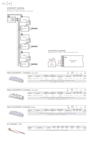 630

      SCHEMATIC DIAGRAM
      Parallel connection by larger loads.
      By an output of >50W a new feed-in must be made.




                                   power unit




                                   converter




                                   power unit




                                   converter



                                                                                                  SCHEMATIC DIAGRAM
                                                                                                  Application with EP1 dimmer 1-10V and 3 channel converter.

                                   power unit




                                                                                                                                                            3 channel converter
                                                                                                                                                                (470509)

                                   converter                                                             EP1
                                                                                                      (470505)




                                                                                                                                                      12=
      PWM CONVERTER 1 CHANNEL 12V=/24V=                                                                                                                or
                                                                                                                                                      24=
                                                                                                                                                                             0,1

                                                                                       Voltage        Voltage                                                    Length Width Height
                                                Article No.      Description        primary in DC secondary in DC      Output power             Specification     in cm in cm in cm       Price
                                                                                          12V           12V              50W max.
                                                470550      PWM converter 1 channel                                                        ta: 50°C/tc: 70°C 17,0        4,0   3,0      £69.50
                                                                                          24V           24V             100W max.
                                                                           For dimming of 12V DC and 24V DC single colour strip applications. Independent converter.
                                                                                                   Control voltage: 1-10V. Output: 4,1A.




                                                                                                                                                     12=
      PWM CONVERTER 3 CHANNEL 12V=/24V=                                                                                                               or
                                                                                                                                                     24=
                                                                                                                                                                             0,1

                                                                                          Voltage          Voltage         Output power                          Length Width Height
                                                Article No.      Description          primary in DC secondary in DC          per channel          Specification   in cm in cm in cm       Price
                                                                                            12V              12V               16,6W
                                                470509      PWM converter 3 channel                                                           ta: 50°C/tc: 70°C 17,0     4,0   3,0      £99.00
                                                                                            24V              24V               33,3W
                                                                            For controlling of 12V DC and 24V DC among others for RGB strips. Independent converter.
                                                                                                  Control voltage: 3x 1-10V. Output: 3x 1,4A max.




                                                                                                                                                     24=
      PWM CONVERTER 3 CHANNEL 350mA                                                                                                                     mA
                                                                                                                                                       350
                                                                                                                                                                             0,1

                                                                                     Voltage         Voltage          Output power                        Length Width Height
                                                Article No. Description          primary in DC secondary in mA        per channel         Specification    in cm in cm in cm              Price
                                                470560 PWM converter 3 channel        24V              350                7W          ta: 50°C/tc: 70°C 17,0        4,0 3,0            £149.00
                                                                 For controlling of 350mA applications with max. 5x 1W PowerLED per channel. Independent converter.
                                                                                           Control voltage: 3x 1-10V. Output: 3x 350mA max.




      EP1 DIMMER 1-10V
                                                                                                              Length       Width      Height1 Height2          Axial-Ø        Weight
                                                Article No.            Description               Power          in cm      in cm       in cm       in cm        in cm          in kg      Price
                                                470505              EP1 Dimmer 1-10V          10W max.           2,3         3,9        2,0         3,6          0,6           0,04      £9.90
                                                                                            For the connection to controllers with 1-10V control voltage.
 