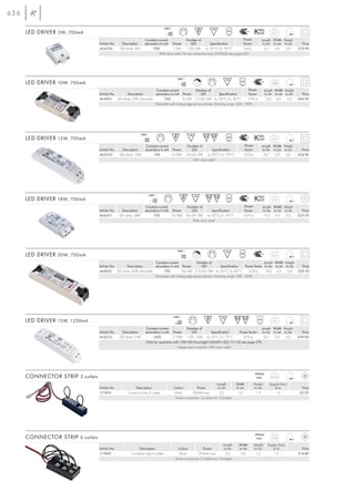636
                                                                                   240~
      LED DRIVER 3W, 700mA                                                            mA
                                                                                     700
                                                                                                                                                                      0,15

                                                                   Constant current                  Number of                              Power            Length Width Height
                                  Article No.     Description      secondary in mA Power                 LED           Specification         factor           in cm in cm in cm          Price
                                  464200        LED driver 3W           700             1-3W 1 LED 3W ta: 50°C/tc: 70°C                       0,4 λ            5,5   4,0   2,0         £19.90
                                                                             With strain relief. Fits into connection box (229260) see page 643.




                                                                                             240~
      LED DRIVER 10W, 700mA                                                                     mA
                                                                                               700
                                                                                                            C                                                         0,08

                                                                 Constant current             Number of                           Power                          Length Width Height
                                  Article No.    Description     secondary in mA Power           LED          Specification       factor                          in cm in cm in cm      Price
                                  464001 LED driver 10W dimmable      700            3x 3W 1-3 LED 3W ta: 50°C/tc: 80°C           0,95 λ                           12,0 4,5    2,0     £49.90
                                                                 Dimmable with trailing-edge phase dimmer. Dimming range: 25% - 100%.




                                                                 240~
      LED DRIVER 12W, 700mA                                         mA
                                                                   700
                                                                                                                                                                      0,12

                                                                   Constant current                  Number of                                 Power         Length Width Height
                                  Article No.     Description      secondary in mA Power                 LED              Specification        factor         in cm in cm in cm          Price
                                  464202        LED driver 12W          700         6-12W            2-4 LED 3W ta: 50°C/tc: 70°C              0,95 λ          16,7  3,9   3,0         £34.90
                                                                                                          With strain relief.




                                                                     240~
      LED DRIVER 18W, 700mA                                             mA
                                                                       700
                                                                                                                                                                      0,19

                                                                   Constant current        Number of                                           Power         Length Width Height
                                  Article No.     Description      secondary in mA Power       LED              Specification                  factor         in cm in cm in cm          Price
                                  464201        LED driver 18W          700         10-18W 4-6 LED 3W ta: 50°C/tc: 70°C                        0,95 λ          15,3  6,7   3,5         £59.50
                                                                                                With strain relief.




                                                                                             240~
      LED DRIVER 30W, 700mA                                                                     mA
                                                                                               700
                                                                                                           C                                                          0,15

                                                                      Constant current              Number of                                     Length Width Height
                                  Article No.         Description     secondary in mA Power            LED          Specification    Power factor in cm in cm in cm                      Price
                                  464002      LED driver 30W dimmable      700           10x 3W 5-10 LED 3W ta: 50°C/tc: 85°C          0,95 λ      18,0 4,5     2,8                    £59.50
                                                                      Dimmable with trailing-edge phase dimmer. Dimming range: 25% - 100%.




                                                                                           240~
      LED DRIVER 15W, 1200mA                                                                  mA
                                                                                            1200
                                                                                                                                                                      0,11

                                                                   Constant current             Number of                                         Length Width Height
                                  Article No.     Description      secondary in mA Power           LED            Specification      Power factor  in cm in cm in cm                     Price
                                  464210        LED driver 15W          1200           5-15W 1 LED 15W ta: 50°C/tc: 75°C               0,95 λ       16,7  3,9   3,0                    £49.90
                                                                    Only for operation with 15W LED Downlight (160401/-02/-11/-12) see page 378.
                                                                                          Independent converter. With strain relief.




                                                                                                                                                        350mA
      CONNECTOR STRIP 3 outlets                                                                                                                          max.        0,015

                                                                                                                             Length       Width         Height      Supply line-L
                                  Article No.             Description                      Colour           Power             in cm       in cm         in cm          in m              Price
                                  111850             Connector strip 3 outlets             black        350mA max.             5,2         1,4           1,3            1,0             £5.95
                                                                                            Series connection. 3 outlets incl. 2 bridges.




                                                                                                                                                        350mA
      CONNECTOR STRIP 6 outlets                                                                                                                          max.         0,04

                                                                                                                                  Length    Width       Height     Supply line-L
                                  Article No.               Description                       Colour            Power              in cm    in cm       in cm         in m               Price
                                  111860               Connector strip 6 outlets              black          350mA max.             5,2      3,0         1,3           1,5             £14.80
                                                                                            Series connection. 6 outlets incl. 3 bridges.
 