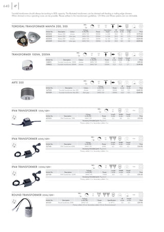 640

      Toroidal transformers should always be working to 80% capacity. The illustrated transformers can be dimmed with leading or trailing edge dimmers.
      When dimmed a minor operating noise can be possible. Please adhere to the manufacturers guidelines. 12V Wire and Wave systems are non dimmable.


                                                                                                      240~                       200        300
      TOROIDAL TRANSFORMER MANTA 200, 300                                                                   12~
                                                                                                                     L            VA         VA

                                                                                                     Voltage                                Secondary           Ø       Height     Weight
                                             Article No.   Description        Colour               in AC/AC                    Power          fused           in cm     in cm       in kg             Price
                                             455202        Manta 200          chrome               240V/12V                    200VA         1x 20A           20,0       8,0        2,75           £179.00
                                             455209        Manta 200        silver grey            240V/12V                    200VA         1x 20A           20,0       8,0        2,75           £179.00
                                             455302        Manta 300          chrome               240V/12V                    300VA         2x 15A           20,0       8,0         3,8           £229.00
                                             455309        Manta 300        silver grey            240V/12V                    300VA         2x 15A           20,0       8,0         3,8           £229.00




                                                                                          240~                     100          200
      TRANSFORMER 100VA, 200VA                                                              12~
                                                                                                        L           VA           VA                                   115° C
                                                                                                                     Voltage                               Ø          Height      Weight
                                             Article No.           Description              Colour                 in AC/AC                 Power        in cm        in cm        in kg              Price
                                             138812        Toroidal transformer 100VA       chrome                 240V/12V                 100VA         12,5         9,5          1,7             £99.00
                                             138822        Toroidal transformer 200VA       chrome                 240V/12V                 200VA         15,5         11,5         2,7            £149.00




                                                                                                      240~                       300
      ARTE 300                                                                                              12~
                                                                                                                     L            VA                                  130°C
                                                                                                                                                                                  3,5

                                                                                                                                  Voltage                                   Ø      Height
                                             Article No.             Description                       Colour                   in AC/AC                 Power            in cm    in cm              Price
                                             167032         Toroidal transformer Arte 300              chrome                   240V/12V                 300VA             16,0     9,5            £249.90
                                             167039         Toroidal transformer Arte 300            silver grey                240V/12V                 300VA             16,0     9,5            £249.90




                                                                                                                                240~                     10
      IP44 TRANSFORMER 10VA/12V ~                                                                                                  12~
                                                                                                                                              L          VA                       0,6       IP44

                                                                                                          Voltage                                   Length             Width      Height
                                             Article No.           Description                          in AC/AC                   Power             in cm             in cm      in cm               Price
                                             451010           IP44 Transformer 10VA                     240V/12V                   10VA               5,5               8,0        5,0              £19.90
                                                                                                     Accessory/Included parts: Plug (incl.)
                                                                                                 Primary cable-L: 2 m, Secondary cable-L: 2 m




                                                                                                                    240~                    60
      IP44 TRANSFORMER 60VA/12V ~                                                                                        12~
                                                                                                                                  L         VA                                    1,3       IP44

                                                                                                          Voltage                                   Length             Width      Height
                                             Article No.           Description                          in AC/AC                   Power             in cm             in cm      in cm               Price
                                             227160           IP44 Transformer 60VA                     240V/12V                   60VA               6,0               10,0       6,3              £34.90
                                                                                                     Accessory/Included parts: Plug (incl.)
                                                                                                 Primary cable-L: 2 m, Secondary cable-L: 2 m




                                                                                                                    240~                    150
      IP44 TRANSFORMER 150VA/12V ~                                                                                       12~
                                                                                                                                      L      VA                                   3,5       IP44

                                                                                                           Voltage                                      Length         Width      Height
                                             Article No.            Description                          in AC/AC                  Power                 in cm         in cm      in cm               Price
                                             227150           IP44 Transformer 150VA                     240V/12V                  150VA                  8,0           11,0        7,5             £59.50
                                                                                                     Accessory/Included parts: Plug (incl.)
                                                                                                 Primary cable-L: 2 m, Secondary cable-L: 2 m




                                                                                           240~                      20
      ROUND TRANSFORMER 20VA/12V ~                                                           12~
                                                                                                             L       VA                                                0,48                 IP40

                                                                                                Voltage                                                                     Ø      Height
                                             Article No.        Description                   in AC/AC                 Power           Specification                      in cm    in cm              Price
                                             451021        Round transformer 20VA             240V/12V                 20VA               ta: 40°C                         5,0      6,5             £29.90
                                                                                 Primary cable-L: 25 cm, Secondary cable-L: 25 cm. Short-circuit-proof.
 