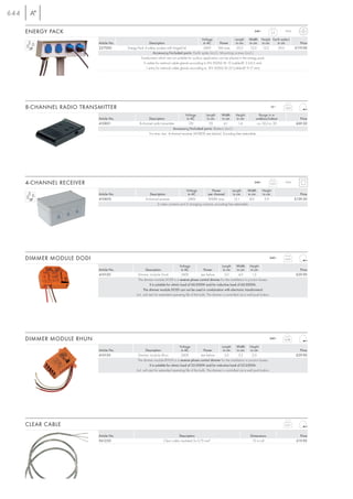 644

      ENERGY PACK                                                                                                                            240~           2,5    IP54

                                                                                                Voltage                 Length Width Height Earth spike-L
                           Article No.                  Description                              in AC        Power      in cm     in cm in cm   in cm                       Price
                           227000        Energy Pack 4 safety sockets with hinged lid            240V       16A max.     35,0       12,0    12,0 50,0                     £119.00
                                                           Accessory/Included parts: Earth spike (incl.), Mounting screws (incl.)
                                                  Transformers which are not suitable for oudoor application can be placed in the energy pack.
                                                    3 outlets for metrical cable glands according to EN 50262 M 12 (cable-Ø: 2,5-6,5 mm).
                                                     1 entry for metrical cable glands according to EN 50262 M 25 (cable-Ø: 9-17 mm).




      8-CHANNEL RADIO TRANSMITTER                                                                                                                           12~    0,03

                                                                                  Voltage       Length    Width      Height            Range in m
                           Article No.                 Description                 in AC         in cm     in cm     in cm          outdoor/indoor                           Price
                           410851                8-channel radio transmitter        12V            7,8      4,1        1,4            ca. 50/ca. 30                        £69.50
                                                                           Accessory/Included parts: Battery (incl.)
                                                        For max. two 4-channel receiver (410850 see below). Encoding free selectable.




      4-CHANNEL RECEIVER                                                                                                                     240~           0,25   IP54

                                                                                  Voltage           Power          Length      Width                Height
                           Article No.                   Description               in AC         per channel        in cm       in cm               in cm                    Price
                           410850                     4-channel receiver           240V          900W max.           12,1        8,0                 5,9                  £139.50
                                                              2 make contacts and 2 changing contacts, encoding free selectable.




      DIMMER MODULE DODI                                                                                                                                    240~   0,05

                                                                                   Voltage                         Length       Width Height
                           Article No.                 Description                   in AC            Power         in cm       in cm     in cm                              Price
                           410120               Dimmer module Dodi                   240V           see below         5,0        4,0       1,5                             £29.90
                                                 The dimmer module DODI is a reverse phase control dimmer for the installation in junction boxes.
                                                           It is suitable for ohmic load of 60-500W and for inductive load of 60-300VA.
                                                     The dimmer module DODI can not be used in combination with electronic transformers!
                                               Incl. soft start for extended operating life of the bulb. The dimmer is controlled via a wall push button.




      DIMMER MODULE RHUN                                                                                                                                    240~   0,08

                                                                                   Voltage                         Length       Width Height
                           Article No.                 Description                   in AC            Power         in cm       in cm     in cm                              Price
                           410130               Dimmer module Rhun                   240V           see below         5,0        3,2       2,0                             £29.90
                                                The dimmer module RHUN is a reverse phase control dimmer for the installation in junction boxes.
                                                           It is suitable for ohmic load of 25-300W and for inductive load of 25-250VA.
                                               Incl. soft start for extended operating life of the bulb. The dimmer is controlled via a wall push button.




      CLEAR CABLE                                                                                                                                                  0,51


                           Article No.                                         Description                                               Dimensions                          Price
                           961250                                   Clear cable insulated 3x 0,75 mm2                                     10 m roll                        £19.90
 