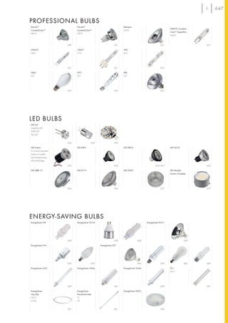 647

PROFESSIONAL BULBS
Precise™                    Precise™                                Britespot
                                                                                                           CMH-TC Constant-
ConstantColor™              ConstantColor™                          GX10
                                                                                                           Color™ SuperMini
MR16                        GX10
                                                                                                           GU6,5



                      649                                     651                                   651                         651

CDM-TC                      CDM-T                                   HQI
G8,5                        G12                                     Rx7s




                      651                                     651                                   652

HMLI                        HIT-T                                   PAR
E27                         E27                                     E27




                      652                                     652                                   652




LED BULBS
LED G4
Superflux LED
SMD LED
Top LED


                      654                  654                654

LED Inserts                 LED MR11                                LED MR16                               LED GU10
To convert recessed
lamps to long-life
and energy-saving
LED technology.

                      653                                     654                              654, 655                         655

LED QRB 111                 LED ES111                               LED GX53                               LED Module
                                                                                                           Fortimo Twistable




                      656                                     656                                   657                         657




ENERGY-SAVING BULBS
EnergySaver G9              EnergySaver GU10                                           EnergySaver ES111




                      658                                     658               658                                       658

EnergySaver E14                                  EnergySaver E27




                      659                  659                                  660                 659                   660   660

EnergySaver G23             EnergySaver G24q                        EnergySaver G24d                       TC-L
                                                                                                           2G11




                      660                                     661                                   660                         661

EnergySaver                 EnergySaver                             EnergySaver GX53
ring tube                   fluorescent tube
GX13                        T5
G10q                        T8


                      661                                     661                                   658
 