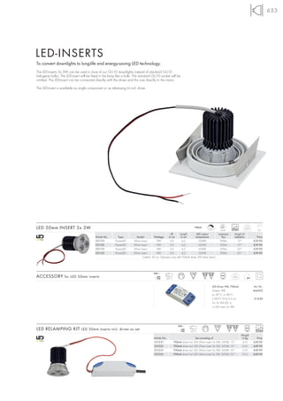 653




LED-INSERTS
To convert downlights to long-life and energy-saving LED technology.
The LED-inserts 3x 3W can be used in most of our GU10 downlights instead of standard GU10
halogene bulbs. The LED-insert will be fixed in the lamp like a bulb. The standard GU10 socket will be
omitted. The LED-insert can be connected directly with the driver and this one directly to the mains.

The LED-insert is available as single component or as relamping kit incl. driver.




                                                                                                                                                       LED
LED 50mm INSERT 3x 3W                                                                                                         700mA
                                                                                                                                            +A
                                                                                                                                                      3 pce.    25000         0,09
                                                                                                                                                                                         6,2
                                                                                                       Ø        Length        LED colour             Luminous     Angel of
                                           Article No.      Type          Socket        Wattage      in cm       in cm       temperature               flux       radiation            Price
                                           551121         PowerLED      50mm Insert        9W         5,0         6,2            5500K                390lm         15°              £39.90
                                           551122         PowerLED      50mm Insert        9W         5,0         6,2            3250K                320lm         15°              £39.90
                                           551131         PowerLED      50mm Insert        9W         5,0         6,2            5500K                350lm         35°              £39.90
                                           551132         PowerLED      50mm Insert        9W         5,0         6,2            3250K                290lm         35°              £39.90
                                                                              Cable-L: 30 cm. Operation only with 700mA driver. LED driver (excl.)




                                                                                         240~
ACCESSORY for LED 50mm inserts                                                              mA
                                                                                           700      125°C
                                                                                                                                                                0,06



                                                                                                                                                 LED Driver 9W, 700mA                 Art. Nr.:
                                                                                                                                                 Output: 9W                          464302
                                                                                                                                                 ta: 50°C, tc: 80°C
                                                                                                                                                 L/W/H: 9/4/2,3 cm                    £14.80
                                                                                                                                                 For 3x 3W LED or
                                                                                                                                                 1x LED insert 3x 3W.




                                                                                                               240~
LED RELAMPING KIT LED 50mm inserts incl. driver as set                                                            mA
                                                                                                                 700      125°C                                                         25000
                                                                                                                                                                        Weight
                                                                                          Article No.                           Set consisting of                        in kg         Price
                                                                                          551221            700mA driver incl. LED 50mm insert 3x 3W, 5500K, 15°         0,15        £49.90
                                                                                          551222            700mA driver incl. LED 50mm insert 3x 3W, 3250K, 15°         0,15        £49.90
                                                                                          551231            700mA driver incl. LED 50mm insert 3x 3W, 5500K, 35°         0,15        £49.90
                                                                                          551232            700mA driver incl. LED 50mm insert 3x 3W, 3250K, 35°         0,15        £49.90
 