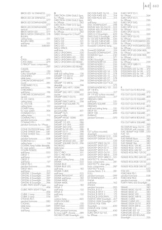 663

BRICK LED 16 STAINLESS ..........                        D                                                         DIO FLEX PLATE GU10.........314                          EURO SPOT ES11,
...................................................577   D-RECTION 35W GU6,5 Spot,                                 DIO FLEX PLATE LED..............314                      for 1Phase...............................264
BRICK LED 24 STAINLESS..........                         for 1Phase ...............................262             DIO FLEX PLUG LED ..............315                      EURO SPOT ES11,
...................................................577   D-RECTION 35W GU6,5 Spot,                                 DIO,                                                     for 3Phase ...............................236
BRICK LED DOWNUNDER .......                              for 3Phase ...............................242             wall lamp .................................162           EURO SPOT EVG,
...................................................577   D-RECTION 70W G12 Spot,                                   DISC DOWNLIGHT ............398                           for 3Phase ...............................235
BRICK LED DOWNUNDER,                                     for 3Phase ...............................242             DISPLAY ADL 50/GU10.....323                              EURO SPOT G12,
vertical......................................577        D-RECTION ELITE 50, G12 Spot,                             DISPLAY ADL 50/MR16 .....323                             for 3Phase ...............................235
BRICK MESH LED.................577                       for 3Phase ...............................242             DISPLAY GX53 .......................319                  EURO SPOT GU10,
BRICK MESH STAINLESS ...574                              DABO Minispot for C-Track® ......                         DIVIS G12 Downlight...........429                        for 1Phase ...............................269
BULAN,                                                   ...................................................296    DIVIS GU6,5 Downlight ......429                          EURO SPOT GU10,
ceiling lamp.............................531             DACU G9................................181                DL 123 LED FURNITURE......326                            for 3Phase ...............................239
BULAN GRID,                                              DACU G9 ...............................521                DL 124 LED FURNITURE......326                            EURO SPOT INTEGRATED LED,
wall lamp .................................531           DACU LED ...............................181               DL 125 LED FURNITURE......326                            for 1Phase ...............................261
BULBS..............................646-661               DACU LED...............................521                DomeLED CEILLING lamp...........                         EURO SPOT INTEGRATED LED,
                                                         DACU SPACE,                                               ...................................................164   for 3Phase ...............................233
                                                         wall lamp .................................176            DomeLED DISPLAY ................319                      EURO SPOT LED DISK 800,
                                                         DACU UP-DOWN................520                           DomeLED DOWNLIGHT.....374                                for 1Phase ...............................261
                                                         DACU UP-DOWN ................180                          DOMELED Spot ....................230                     EURO SPOT LED DISK 800,
C                                                        DACU UP-DOWN LED........520                               DORU.......................................571           for 3Phase ...............................233
C-POL.......................................479          DACU UP-DOWN LED........180                               DORU Downlight...................384                     EURO SPOT MR16,
C-POL WALL ...........................479                DACU UP-DOWN LED BEAM ..                                  DOWNUNDER 05..............356                            for 3Phase ...............................239
C-TRACK® basic components.....                            ...................................................180   DOWNUNDER 1.................356                          EURO SPOT QRB111,
...................................................297   DACU UP-DOWN LED BEAM ..                                  DOWNUNDER 2.................356                          for 3Phase ...............................236
CALMA,                                                   ...................................................520    DOWNUNDER 3.................356                          EYEDOWN LED 3x1W.......372
wall lamp .................................130           DARIUS,                                                   DOWNUNDER LED 14 ......578                               EYEDOWN LED 3x1W.......572
CALU Downlight ....................570                   wall and ceiling lamp ...........136                      DOWNUNDER LED 15 ......578                               EYEDOWN LED 6x 1W......372
CELLINERO,                                               DASAR® 115 GU10..............597                          DOWNUNDER LED 15 ......355                               EYEDOWN LED 6x1W.......572
table lamp ...............................029            DASAR® 115 MR16,                                          DOWNUNDER LED 27 ......578
CHROM DOWNLIGHT,                                         rigid...........................................594       DOWNUNDER LED 27......355
round ........................................385        DASAR® 115 MR16,                                          DOWNUNDER OUT TC-D ........
CHROMBO TC-S,                                            slewable ..................................594            ...................................................575
wall lamp .................................196           DASAR® 260, HIT-T, 150W,                                  DOWNUNDER RCL 101 ...355                                 F
CHROMBO,                                                 round ........................................602         DP 118 R7s,                                              FGL OUT GU10 ROUND ..........
wall lamp .................................196           DASAR® 260, HIT-T, 150W,                                  mirror lamp...............................317            ...................................................572
CHROME DOWNLIGHT,                                        square ......................................602          DP 119 LED surface mounted                               FGL OUT GU10 SQUARE..........
square ......................................390         DASAR® EXACT GU10,                                        cupboard luminaire................317                    ...................................................409
CL 101 GX53,                                             square ......................................597          DRAGAN GRID,                                             FGL OUT GU10 SQUARE..........
ceiling lamp .............................121            DASAR® EXACT MR16 ........594                             wall lamp .................................531           ...................................................572
CL 135 T5-R,                                             DASAR® HQI SQUARE 70,                                     DRAGAN SQUARE ..............532                          FGL OUT GU10 ROUND ..........
ceiling lamp.............................122             asymmetrical...........................603                DRAGAN,                                                  ...................................................405
COMET lamp,                                              DASAR® T5-14,                                             wall and ceiling lamp............531                     FGL OUT MR16 ROUND...........
for rope system.......................306                ground profile .........................601               DROP 50.................................499              ...................................................571
COMMO CL-1,                                              DASAR® T5-21,                                             DROP 100 ..............................499               FGL OUT MR16 SQUARE..........
ceiling lamp .............................115            ground profile .........................601               DURANZ,                                                  ...................................................571
COMMO PD-1,                                              DASAR® HIT-DE 150W,                                       pendant luminaire ..................070                  FGL OUT MR16 ROUND...........
pendant luminaire..................095                   asymmetrical...........................603                                                                         ...................................................385
COMMO PD-1,                                              DASAR® 115 LED...................586                                                                               FGL OUT MR16 SQUARE..........
pendant luminaire, for 1Phase ....                       DASAR® 215 UNI .................600                                                                                ...................................................390
...................................................267   DASAR® 260 UNI ................600                                                                                 FILI DISPLAY lamp GU10.....321
CONE OUTDOOR lamp ...447                                 DASAR® 9x1W LED..............586                          E                                                        FILI DISPLAY with canopy.....321
CONE SHADE Satin ............041                         DASAR® ES111 ......................598                    E27 surface mounted,                                     FLAC BEAM® HQI 70W ....550
CONE SHADE Tinto.............041                         DASAR® FLAT LED .................586                      downlight .................................163           FLAT 121,
CORDA,                                                   DASAR® GX10.......................602                     EASYLITE® DISPLAY G12 ....539                            wall lamp.................................206
pendant luminaire..................008                   DASAR® GX53 ......................586                     EASYLITE® DISPLAY GU10 .........                         FLAT FRAME Basic ................382
CORONA CL-1,                                             DASAR® MODULE LED........587                              ...................................................539   FLAT FRAME Curve...............382
ceiling lamp .............................116            DASAR® SQUARE GU10....596                                 EASYLITE® SPIKE GU10 ......555                           FLAT FRAME Slat ...................382
COSMIC lamp holder slewable,                             DECREDO,                                                  EASYLITE® SPOT E27...........553                         FLEXLED ROLL 12V AC..........616
for rope system.......................308                table lamp ...............................029             EASYLITE® SPOT ES111 .......550                          FLEXLED ROLL 12V DC..........616
COUPA FLEXLED,                                           DEKLED....................................364             EASYLITE® SPOT G12 ..........551                         FLEXLED ROLL 24V DC..........617
wall lamp.................................033            DELF C PRO.............................611                EASYLITE® SPOT GU10 ......555                            FLEXLED ROLL PRO 12V DC .......
CREST 1,                                                 DELF C PRO RGB...................611                      EASYLITE® SPOT MR16.......559                             ...................................................619
wall lamp .................................137           DELSIN LED,                                               EASYLITE® SPOT QRB111 ...551                             FLEXLED ROLL PRO 24V DC .......
CREST 2,                                                 wall and ceiling lamp............518                      EASYTEC® II, chrome/black,                                ...................................................619
wall lamp .................................137           DELWA.....................................522             basic components..................281                    FLEXLED ROLL RGB 12V DC .......
CREST PD-1,                                              DELWA BLUE..........................522                   EASYTEC® II, silver grey,                                ...................................................622
pendant luminaire..................096                   DELWA BLUE LED,                                           basic components..................287                    FLEXLED ROLL RGB 24V DC.......
CREST WL-1,                                              wall lamp .................................182            EASYTEC® II track,                                       ...................................................622
wall lamp..................................213           DELWA CURVE,                                              chrome/black, 2 m................281                     FOK LED ..................................358
CRYSTAL 1 Downlight...........397                        wall lamp.................................525             ELSU,                                                    FORCHINI PD-1,
CRYSTAL 2 Downlight...........397                        DELWA PATHLIGHT..............453                          pendant luminaire..................099                   pendant luminaire..................038
CRYSTAL 4 Downlight...........397                        DELWA wall lamp..................182                      ELT DOWNLIGHT .................415                       FORCHINI PD-2,
CRYSTAL 6 Downlight ..........396                        DELWA WIDE ........................523                    ENNA,                                                    pendant luminaire..................038
CRYSTAL 8 Downlight ..........396                        DELWA WIDE,                                               wall lamp .................................162           FORTY-TWO LED Downlight ......
CUBIC PATH LIGHT L-Type.........                         wall lamp .................................182            ENOLA,                                                   ...................................................380
...................................................494   DENA 1,                                                   pendant luminaire..................095                   FRAME.....................................383
CUBIC PATH LIGHT T-Type ........                         wall lamp .................................132            ENOLA_B CL-1......................175                    FRAME BASIC GU10..........409
...................................................494   DENA 2,                                                   ENOLA_B SPOT 1................175                        FRAME BASIC JC .................383
CUBIX 1 Lamp .......................554                  wall lamp .................................132            ENOLA_B SPOT 2................175                        FRAME BASIC LED ...............360
CUBIX 2 Lamp .......................554                  DETT ,                                                    ENOLA_B UP-DOWN.........175                              FRAME BASIC MR16 ..........392
CYGNIS PD-1,                                             outdoor lamp..........................445                 ESSENS 18W Downlight.....417                             FRAME CURVE ......................383
pendant luminaire..................082                   DEVIN DOUBLE ,                                            ESSENS 26W Downlight ....417                             FRAME CURVE LED ..............360
CYGNIS,                                                  wall lamp .................................130            ESSENS HQI 70W,                                          FRAME DISTA GU10 ...........409
table lamp...............................049             DEWI Desk .............................050                Downlight ................................430            FRAME DISTA MR16 ...........392
CYLOVA,                                                  DEWI Floor.............................050                ESSENS HQI 150W,                                         FURNITURE 513 ....................325
wall lamp .................................139           DEWI pendant luminaire,                                   Downlight ................................430            FURNITURE LED 121 ............324
                                                         for Linux Light®, chrome.........289                      EURO SPOT E27 ELT,                                       FURNITURE LED 65 ..............324
                                                         DICHRO CUBE Downlight..........                           for 3Phase ...............................239            FURNITURE LED ROUND,
                                                         ...................................................409                                                             Downlight ................................326
 