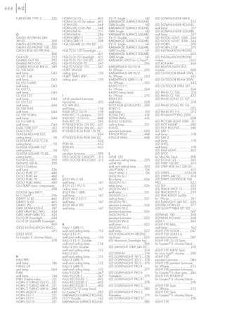 664

      FURNITURE TYPE 3 ..............326                        HORN GU10 ........................405                    ES111 Single...........................142                LED DOWNUNDER MINI.........
                                                                HORN GU10 2er adjust ....405                             KARDAMOD SURFACE ROUND,                                   ...................................................355
                                                                HORN LED .............................348                QRB Double ...........................142                 LED DOWNUNDER ROUND,
                                                                HORN LED COB 9W .........348                             KARDAMOD SURFACE ROUND,                                   wall lamp .................................517
                                                                HORN MR16.........................351                    QRB Single..............................142               LED DOWNUNDER SQUARE,
      G                                                         HORN MR16 ........................384                    KARDAMOD SURFACE SQUARE,                                  wall lamp .................................517
      GALEN LED PANEL 24V,                                      HORN QRB111.....................351                      ES111 Double .........................141                 LED FLOOD LIGHT, 10W ...544
      36 LED .....................................569           HORN QRB111.....................398                      KARDAMOD SURFACE SQUARE,                                  LED FLOOD LIGHT, 30W...544
      GALEN LED PROFILE............566                          HQI SQUARE DL 195 SET .........                          ES111 Single ...........................141               LED HORN .............................370
      GALEN LED PROFILE 100...566                               ...................................................437   KARDAMOD SURFACE SQUARE,                                  LED HORN COB ..................370
      GALEN RGB LED PROFILE ..........                          HQI-TS DL 150 Downlight...........                       QRB Double............................141                 LED INSTALLATION PROFILE .....
      ...................................................566    ...................................................431   KARDAMOD SURFACE SQUARE,                                  ...................................................625
      GILA LED .................................353             HQI-TS DL 70 Downlight .....431                          QRB Single..............................141               LED INSTALLATION PROFILE
      GIMBLE OUT 90 ..................592                       HQI-TS DL 70/150 SET ......437                           KARDANIC-SPOT for C-Track® ..                             rimless.......................................625
      GIMBLE PRO G12 ...............426                         HQI-TS FLOOD 70 ...............247                       ...................................................296    LED KONKAV ........................364
      GIMBLE ROUND MR16.....389                                 HQI-TS FLOOD 170.............247                         KARDATRACK GU10/4,                                        LED MULTIFUNKTIONS,
      GL 100 SLOT,                                              HURIT SINGLE,                                            for 3Phase ...............................250             module .....................................606
      wall lamp.................................043             ceiling spot ..............................159           KARDATRACK MR16/2,                                        LED OUTDOOR BEAM 10W....
      GL 101 E14,                                               HURIT TWIN VERT,                                         for 3Phase ...............................250             ...................................................542
      wall lamp.................................043             ceiling spot ..............................159           KARDATRACK QRB111/4,                                      LED OUTDOOR BEAM 30W....
      GL 102 CURVE,                                                                                                      ifor 3Phase ..............................250             ...................................................542
      wall lamp.................................043                                                                      KASPO ES111,                                              LED OUTDOOR SPIKE SET ........
      GL 103 T5,                                                                                                         for 1Phase...............................264              ...................................................564
      wall lamp.................................043                                                                      KASPO lamp head,                                          LED PANEL CL 136................218
      GL 104 E27,                                               I                                                        for 1Phase ...............................270             LED PANEL CL 136 ...............425
      wall lamp.................................044             i-LINE pendant luminaire,                                KERAS ELT,                                                LED PANEL LONG CL 137 .........
      GL 105 E27,                                               horizontal.................................072           wall lamp.................................528             ....................................................218
      wall lamp.................................044             ICE 4W LED,                                              KETO RGB LED ROUND.....569                                LED PANEL LONG PD 116 .........
      GL 108 INDI,                                              wall lamp .................................134           KOKO 2,                                                    ...................................................073
      wall lamp.................................044             INDA SPOT GU10 ...............158                        wall lamp .................................135            LED PANEL PD 115................073
      GL 109 HORN,                                              INDI REC 1S cardanic.........393                         KOTAK EVG ............................416                 LED PENLIGHT® PRO 230V.......
      wall lamp.................................044             INDI REC 1S GU10.............408                         KOTAK WALL ..........................416                  ...................................................608
      GL 110 MR16,                                              INDI REC 2S ..........................393                KUNO CEILLING,                                            LED PICTURE LIGHT STRIP ...311
      wall lamp.................................044             IP FLEXLED ROLL 12V DC.....621                           ceiling lamp.............................221              LED PLOT INSERT ..................580
      GLAS TUBE E27 ....................415                     IP FLEXLED ROLL 24V DC.....621                           KUNO,                                                     LED PLOT ROUND................580
      GLASS PLOT...........................580                  IP FLEXLED ROLL RGB 12V DC...                            pendant luminaire..................069                    LED SAIL 1,
      GLASSA ROUND E27,                                         ...................................................624   KYKLOP POLE ........................448                   wall lamp .................................178
      ceiling lamp .............................118             IP FLEXLED ROLL RGB 24V DC ..                            KYKLOP WALL .......................448                    LED SAIL 2,
      GLASSA ROUND TC-DE,                                       ...................................................624                                                             wall lamp .................................178
      ceiling lamp .............................118             IPERI 50 ...................................453                                                                    LED SHELL,
      GLASSA SQUARE E27,                                        IPERI WL ..................................453                                                                     wall lamp .................................178
      ceiling lamp .............................118             ISTU,                                                                                                              LED SLIM LIGHT....................363
      GLASSA SQUARE TC-DE,                                      pendant luminaire..................099                   L                                                         LED SPOT,
      ceiling lamp .............................118             IVED GOOSE CANOPY.....313                                L-LINE 120,                                               for Mini Alu Track ..................300
      GLENOS LED.........................359                    IVED GOOSE RECESSED ...313                               wall and ceiling lamp ...........200                      LED STONE Q3 ....................583
      GLENOS LED XL....................359                                                                               L-LINE 60,                                                LED STRIP 12V DC .................613
      GLOO Outdoor,                                                                                                      wall and ceiling lamp ...........200                      LED STRIP RGB 3in1 24V DC ....
      wall lamp.................................526                                                                      LALU® WALL 1 ........................136                  ....................................................615
      GLOO PURE 27....................480                                                                                LALU® WALL 2 ........................136                  LED STRIPS......................613-628
      GLOO PURE 44....................480                       J                                                        LASSON SL-1,                                              LED STRIPS 24V DC ..............614
      GLOO PURE 70....................480                       JESSY WL-3 G9,                                           floor lamp................................026             LED STRIPS OUTDOOR 100
      GLOO PURE WALL...............480                          wall lamp .................................147           LASSON TL-1,                                              PRO ..........................................627
      GLU-TRAX® basic components ...                            JESSY CL-1 ES111,                                        table lamp ...............................026             LED TILE....................................583
      ...................................................298    ceiling lamp.............................147             LASSON WL-1,                                              LED TRACK SPOT 12............229
      GOOSE Spot MR11,                                          JESSY WL-1 QRB,                                          wall lamp .................................021            LED TRACKSPOT 3 ...............229
      for C-Track® .............................296             wall lamp .................................147           LASSON CL-1,                                              LED TRACKSPOT 3x3W,
      GRAFIT SL 30.........................465                  JESSY WL-2 ES111,                                        ceiling lamp.............................021              for 1Phase ...............................261
      GRAFIT SL 60.........................465                  wall lamp .................................147           LASSON PD-1,                                              LED TUBELIGHT 24V DC ....626
      GRAFIT WL.............................465                 JESSY WL-4 LED,                                          pendant luminaire ..................024                   LEDDISK HORN DL ..............377
      GRID DOWNLIGHT ............397                            wall lamp .................................147           LASSON PD-2,                                              LEDI LIGHT® FIBER SET LED........
      GRID LAMP BIG PAN .........424                                                                                     pendant luminaire..................026                    ...................................................607
      GRID LAMP QRB/TCL.........424                                                                                      LASSON PD-3,                                              LEDPANEL 100 ......................368
      GU10 SP Downlight.............404                                                                                  pendant luminaire..................025                    LEDPANEL ROUND..............368
      GU10 SP SQUARE Downlight...                                                                                        LASSON WL-2,                                              LELEX 1.....................................365
      ...................................................409    K                                                        wall lamp.................................022             LIGHT EYE BALL,
      GX53 INSTALLATION RING.....                               KALU 1 QRB111,                                           LASSON WL-3,                                              wall lamp .................................165
      ....................................................415   wall and ceiling lamp ...........152                     wall lamp.................................022             LIGHT EYE FLOOR................047
      GX53 SPOT,                                                KALU 2 ES111,                                            LED INSTALLATION PROFILE,                                 LIGHT EYE GLASS 4,
      for Easytec II, chrome/black.......                       wall and ceiling lamp ...........154                     Up-Down .................................625              pendant luminaire ..................087
      ...................................................278    KALU 2 ES111, Double                                     LED Aluminium Downlight, big ....                         LIGHT EYE GU10 Spot,
                                                                wall and ceiling lamp ...........154                     ...................................................366    for Easytec® II, chrome/black.....
                                                                KALU 2 LED, Double                                       LED DAYLIGHT STRIP 24V DC...                               ...................................................276
                                                                wall and ceiling lamp ...........155                      ...................................................614   LIGHT EYE MR16 Spot,
                                                                KALU 2 LED,                                              LED DISPLAY............................319                for Linux Light®, chrome.........290
      H                                                         wall and ceiling lamp ...........155                     LED DOWNLIGHT 14/3....378                                 LIGHT EYE,
      HALF PIPE,                                                KALU 2 QRB111,                                           LED DOWNLIGHT 30/3....378                                 pendant luminaire..................084
      wall lamp .................................186            wall and ceiling lamp ...........152                     LED DOWNLIGHT 36/3 ...379                                 LIGHT EYE pendant luminaire,
      HANG UP,                                                  KALU 3 QRB111,                                           LED DOWNLIGHT PRO R ..........                            for 3Phase ...............................253
      grid lamp.................................064             wall and ceiling lamp ...........152                     ...................................................377    LIGHT EYE pendant luminaire,
      HARI,                                                     KALU FLOOR 1 ......................047                   LED DOWNLIGHT PRO R,                                      for Easytec® II, silver grey ....285
      wall lamp .................................194            KALU FLOOR 2 ......................047                   Frameless .................................379            LIGHT EYE PENDENT,
      HIBIT Display lamp................321                     KALU RECESSED 1...............402                        LED DOWNLIGHT PRO RT ........                             for Easytec® II, chrome/black.....
      HORN 2 TURNO GU10....351                                  KALU RECESSED 2...............402                         ...................................................378    ...................................................276
      HORN 2 TURNO MR16 ....351                                 KALU RECESSED 3...............402                        LED DOWNLIGHT PRO S..........                             LIGHT EYE Spot,
      HORN 2 TURNO MR16....384                                  KANO GU10 Lamp head,                                     ...................................................380    for 3Phase ...............................252
      HORN ADJUST .....................430                      for Easytec® II.........................283              LED DOWNLIGHT PRO S,                                      LIGHT EYE Spot,
      HORN ES111.........................351                    KARDAMOD SURFACE ROUND,                                  Frameless .................................379            for Easytec® II, chrome/black.....
      HORN ES111 .........................410                   ES111 Double.........................142                 LED DOWNLIGHT PRO ST........                               ...................................................276
      HORN GU10 ........................351                     KARDAMOD SURFACE ROUND,                                  ...................................................380    LIGHT EYE,
 