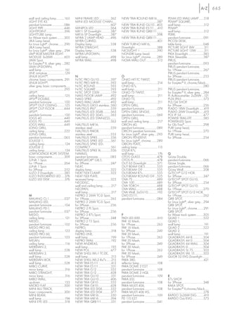 665

wall and ceiling lamp ...........165                     MINI FRAME LED .................362                      NEW TRIA ROUND MR16........                               PEMA LED WALL LAMP .......518
LIGHT EYE X3,                                            MINI LED MODULE CHAIN.....                               ...................................................387    PEMA® SQUARE,
pendant luminaire..................086                   ...................................................607   NEW TRIA RUND GU10 ...405                                 wall lamp..................................512
LIGHT PIPE..............................446              MINIPOL LED ........................564                  NEW TRIA RUND ES111.....410                               PEMA®,
LIGHTPOINT..........................396                  MR11 SP Downlight..............387                       NEW TRIA RUND QRB111 ........                             wall lamp..................................512
LIGHTTUBE Lamp,                                          MR16 SP Downlight .............387                       ...................................................398    PERRI,
for Wave track system ..........305                      MYRA 2 LAMP HEAD .........496                            NEW TRIA RUND QRB111 ........                             pendant luminaire ..................091
LIKA Lamp head,                                          MYRA CURVED,                                              ...................................................401   PICOSI DESK,
for Linux Light®, chrome.........290                     Display lamp...........................538               NEW TURNO MR16,                                           table lamp...............................048
LIKA Lamp head,                                          MYRA STRAIGHT,                                           Downlight ................................388             PICTURE LIGHT 8W..............311
for Linux Light®, silver grey ....294                    Display lamp...........................538               NICELIGHT 1 ........................390                   PICTURE LIGHT 13W ...........311
LIM® RGB MASTER LIGHT                                    MYRA UP-DOWN,                                            NONDRI Lamp head,                                         PIKA Downlight ......................385
MODULE 3x36W ................605                         wall lamp.................................498            for Linux Light®, chrome.........289                      PIKA Slewable........................387
LIMA Spot,                                               MYRA WALL...........................498                  NOVA WALL OUT ................513                         PIRUS,
for Easytec® II, silver grey ....282                                                                                                                                        pendant luminaire..................093
LIMA UP-DOWN,                                                                                                                                                               PIRUS pendant luminaire,
wall lamp .................................161                                                                                                                              for 1Phase ...............................267
LINE armature.........................129                                                                                                                                   PIRUS pendant luminaire,
LINUX LIGHT®,                                            N                                                        O                                                         for 3Phase ...............................253
chrome, basic components ..291                           N-TIC PRO GU10.................597                       ONIO HIT-TC TWIST,                                        PIRUS pendant luminaire,
LINUX LIGHT®,                                            N-TIC PRO MR16.................592                       wall lamp..................................214            for Easytec® II, chrome/black.....
silver grey, basic components .....                      N-TIC ROUND ......................593                    ONIO R7s,                                                 ...................................................280
...................................................295   N-TIC SQUARE .....................593                    wall lamp..................................211            PIRUS pendant luminaire,
LIPSY®,                                                  N-TIC SPOT 230V ................159                      ONIO T5 TWIST,                                            for Easytec® II, silver grey ....284
ceiling lamp.............................125             NAILS FLOOR LAMP............492                          wall lamp..................................211            PL Aufbaustrahler, 2x26W ...121
LIPSY® DOUBLE,                                           NAILS SPIKE...........................492                ONIO T5,                                                  PL-DL IP65................................573
pendant luminaire ..................100                  NAILS WALL LAMP...............492                        wall lamp..................................211            PL2/24 SHOP,
LIPSY® OUT CEILING...........125                         NAUTILUS GX53 stainless..560                             OPEN GRILL,                                               for 3Phase ...............................256
LIPSY® OUT FLOOR .............444                        NAUTILUS IP67 .....................559                   pendant luminaire...................074                   PLADO 18W Downlight.......419
LIPSY®,                                                  NAUTILUS LED 304B...........563                          OPEN GRILL SINGLE,                                        PLADO 26W Downlight.......419
pendant luminaire ..................100                  NAUTILUS LED 304S...........563                          pendant luminaire..................069                    POL IP 54................................477
LOGS 40 ................................449              NAUTILUS LED STAINLESS.........                          OPEN GRILL,                                               POWER TRAIL-LITE ................585
LOGS 70 ................................449              ...................................................563   wall and ceiling lamp............217                      POWER-LED Spot,
LOGS WALL ...........................449                 NAUTILUS MR16,                                           ORION 40,                                                 for Glu-Trax® ...........................298
LONG GRILL,                                              stainless steel ..........................559            pendant luminaire..................089                    PURI Lamp head,
ceiling lamp ............................222             NAUTILUS PAR38,                                          ORION pendant luminaire,                                  for 1Phase ...............................270
LONG GRILL,                                              stainless steel ..........................553            for Linux Light®, silver grey....293                      PURI Lamp head,
pendant luminaire..................063                   NAUTILUS SPIKE...................556                     ORION PENDENT,                                            for 3Phase ...............................254
LOUISSE 1,                                               NAUTILUS SPIKE LED ...........561                        for Linux Light®, chrome.........289
ceiling lamp.............................124             NAUTILUS SPIKE LED,                                      ORION PLATE,
LOUISSE 2,                                               COMPACT .............................561                 ceiling lamp .............................115
ceiling lamp.............................124             NAUTILUS SPIKE XL..............556                       OSSA R7s,
LOW-VOLTAGE ROPE SYSTEM,                                 NAVALIS,                                                 wall lamp .................................176            Q
basic components .................309                    pendant luminaire..................083                   OTOS GLASS ........................478                    Q-Line Double,
LUNA 1 Spot,                                             NAVIGATOR® G8,5,                                         OTOS PL..................................478              pendant luminaire..................066
for 1Phase...............................264             for 3Phase ...............................247            OUT 65 Downlight................571                       Q-Line Single,
LUNA 1 Spot,                                             NEAT,                                                    OUT BEAM G8,5.................535                         pendant luminaire..................066
for 3Phase ...............................252            display lamp ...........................322              OUT-BEAM G9.....................535                       Q-Line Wall.............................208
LUZO 2 Downlight................385                      NEAT FLEX CLAMP...............322                        OUT-BEAM R7s.....................535                      Q-TECH® G12 HOR,
LUZO INTEGRATED LED .....376                             NEAT FLEX PLATE,                                         OUT-BEAM ROUND G9 ...535                                  for 3Phase ...............................247
LUZO LED DISK .....................376                   recessed lamp........................322                 OVA 75 ...................................489             Q-TECH® SPOT GU10,
                                                         NEODISC,                                                 OVA 100.................................489               for 3Phase ...............................254
                                                         wall and ceiling lamp............217                     OVA TORCH..........................488                    Q-TECH® SPOT GU10,
                                                         NEOPAN,                                                  OVA WALL..............................488                 for 1Phase ...............................270
                                                         wall lamp..................................217           OVA Wall, 2xGU10.............192                          Q-TECH® SPOT G12 HOR,
M                                                        NEPRO 2 26W TC-D Spot,                                   OVO ES111,                                                for 1Phase ...............................262
MALANG CL-1......................037                     for 1Phase ...............................265            pendant luminaire..................084                    QRB SPOT,
MALANG LED,                                              NEPRO 2 26W TC-D Spot,                                                                                             for Linux Light®, silver grey ....294
pendant luminaire ..................104                  for 3Phase ...............................256                                                                      QRB SPOT,
MALANG PD-1,                                             NEPRO 2 PL Spot,                                                                                                   for Linux Light®, chrome .........291
pendant luminaire ..................037                  for 3Phase ...............................256                                                                      QRB SPOT,
MEDO,                                                    NEPRO 2 R7s Spot,                                        P                                                         for Wave track system ..........305
ceiling lamp .............................121            for 3Phase ...............................248            PADI LED 600.........................610                  QUAD 1..................................522
MEDO,                                                    NEPRO 2 T5 Spot,                                         PAR 16 Mesh,                                              QUAD 1,
pendant luminaire ..................102                  for 3Phase ...............................256            for 1Phase ...............................263             wall lamp .................................191
MEDO PRO 60,                                             NEPRO,                                                   PAR 16 Mesh,                                              QUAD 2..................................522
ceiling lamp.............................123             display lamp............................318              for 3Phase ...............................249             QUAD 2,
MEDO PRO 60,                                             NEPRO LINE,                                              PAR 20 Mesh,                                              wall lamp .................................191
pendant luminaire ..................103                  wall lamp .................................199           for 1Phase ...............................263             QUADRASYL 44 B................504
MELAN,                                                   NEPRO WALL .......................192                    PAR 20 Mesh,                                              QUADRASYL 44 D ...............504
ceiling lamp .............................116            NEW ANDREAS,                                             for 3Phase ...............................249             QUADRASYL 44 WALL........504
MERIDIAN 2,                                              wall lamp .................................195           PAR 30 Mesh,                                              QUADRASYL D......................504
wall lamp.................................528            NEW POL...............................477                for 1Phase ...............................263             QUADRASYL SL 75...............503
MERIDIAN 3,                                              NEW SHELL WL-1 TC-DE,                                    PAR 30 Mesh,                                              QUADRASYL WL 15 ............503
wall lamp.................................528            wall lamp..................................215           for 3Phase ...............................249             QUOR 52 EVG Downlight .........
MERIDIAN BOX,                                            NEW SHELL WL-2 Rx7s .......215                           PARA 380,                                                  ...................................................421
wall lamp.................................528            NEW TRIA ES111 ..................413                     reflector lamp..........................108
MIBO CURVE,                                              NEW TRIA ES111..................331                      PARA DOME 2 E27,
mirror lamp...............................316            NEW TRIA G12 ....................332                     pendant luminaire ..................108
MIBO STRAIGHT,                                           NEW TRIA G12 ....................428                     PARA DOME 2 HQI,
mirror lamp...............................316            NEW TRIA GU10 .................331                       pendant luminaire ..................109                   R
MIBO WALL,                                               NEW TRIA GU10.................406                        PARA LED,                                                 R7s SHOP,
up-down ...................................133           NEW TRIA GX10..................332                       pendant luminaire ..................108                   for 3Phase ...............................248
MICRO FLAT ..........................500                 NEW TRIA GX10..................428                       PARA MULTI 406,                                           RAKA SPOT,
MINI ALU TRACK,                                          NEW TRIA LED DISK............332                         pendant luminaire ..................108                   for Easytec® II,chrome/black......
basic components .................300                    NEW TRIA LED DISK............377                         PARA MULTI 406 VG,                                        ...................................................278
MINI BEAM,                                               NEW TRIA MR16 .................330                       pendant luminaire ..................109                   RAPIDO 2x26W EVG ..........419
wall lamp .................................194           NEW TRIA MR16 .................394                       PD 115 E27,                                               RAPIDO Out/EVG ................573
MINI EYE LED ........................518                 NEW TRIA QRB111..............331                         pendant luminaire ..................041
 