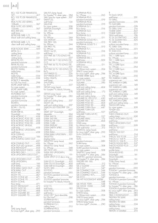 666

      RCL 102 TC-DE FRAMELESS,                                  SAIL R7s lamp head,                                       SOPRANA PD-3,                                            T
      SET.............................................417       for Easytec® II, silver grey ....284                      for 1Phase ...............................265            T5 DUO SPOT,
      RCL 103 TC-DE FRAMELESS,                                  SAIL Spot for rope system ....307                         SOPRANA PD-3,                                            wall lamp .................................201
      SET.............................................417       SAINT 22,                                                 pendant luminaire...................019                  T5 GRILL,
      REAL N-TIC LED SERIES,                                    wall lamp .................................126            SOPRANA PD-4,                                            pendant luminaire...................074
      108x46....................................367             SALUNA,                                                   pendant luminaire...................019                  T5 Grill QRB,
      REAL N-TIC LED SERIES,                                    for rope system.......................308                 SOPRANA SL-1,                                            pendant luminaire...................074
      152x46....................................367             SATINA Downlight ................398                      floor lamp.................................016           T5 GRILL UNI..........................216
      RED 4W LED,                                               SDL 150,                                                  SOPRANA SL-2,                                            T5-BAR 24W ..........................422
      wall lamp .................................134            for 3Phase ...............................244             floor lamp.................................015           T5-BAR 54W..........................422
      RETROSIX QRB 1/2,                                         SDL 70,                                                   SOPRANA SL-3,                                            TANI wall lamp ......................196
      black wall and ceiling lamp........                       for 3Phase ...............................244             floor lamp .................................011          TC DL 2x13W EVG ..............420
       ...................................................148   SDL DISPLAY ...........................318                SOPRANA SOLID PD-1,                                      TC DL 2x26W EVG..............420
      RETROSIX QRB 1/2,                                         SDL PRO 150,                                              pendant luminaire...................013                  TC GRID 218,
      clear wall and ceiling lamp.........                      for 3Phase ...............................244             SOPRANA SOLID TL-1,                                      surface mounted lamp..........225
       ...................................................148   SDL PRO 70,                                               table lamp................................013            TC GRID 336,
      RGB FLOOD 30W ...............569                          for 3Phase ...............................244             SOPRANA TL-1,                                            surface mounted lamp..........225
      RIFFA CL-1,                                               SEDO 14/21,                                               table lamp................................016            TC INDI 255,
      ceiling lamp.............................221              wall lamp.................................204             SOPRANA TL-2,                                            surface mounted lamp..........225
      RIFFA CL-2,                                               SFL® PAR 56 T 70 LONG HV,                                 table lamp................................015            TEC 1 QRB Spot,
      ceiling lamp.............................221              G12..........................................227          SOPRANA WL-1,                                            for 1Phase...............................264
      RIFFA PD-101,                                             SFL® PAR 56 T 150 LONG HV,                                wall lamp.................................009            TEC 1 QRB Spot,
      pendant luminaire..................065                    G12..........................................227          SOPRANA WL-2,                                            for 3Phase ...............................250
      RIFFA PD-102,                                             SFL® PAR 56 TS 70 LONG HV,                                wall lamp..................................011           TEC 2 QRB Spot,
      pendant luminaire..................065                    Rx7s ..........................................227        SPACE Lamp,                                              for 1Phase...............................264
      RIOTTE SMALL,                                             SFL® PAR 56 TS 150 LONG HV,                               for Wave track system ..........304                      TEC 2 QRB Spot,
      table lamp ...............................034             Rx7s ..........................................227        SPACE Lamp head,                                         for 3Phase ...............................250
      RIOTTE,                                                   SFL® PAR20 G........................226                   for Linux Light®, silver grey ....294                    TEC 4 QRB Spot,
      table lamp ...............................034             SFL® PAR36 ES111 ................226                      SPHERE WIRE Spot,                                        for 3Phase ...............................250
      RIOTTE WALL .........................034                  SHELL HQI-TS,                                             for rope system .......................307               TEC KARDA 2 QRB,
      ROBOT 2 slewable,                                         wall lamp..................................214            SPOT 79, 230V .....................159                   suspension set.........................149
      for Glu-Trax track ...................298                 SHUTTERS,                                                 SQUARE..................................390              TEC KARDA 4 QRB,
      ROPE LAMP MR16,                                           for SFL® ....................................227          SQUARE C,                                                suspension set.........................149
      for rope system.......................309                 SIENA Lamp head,                                          wall and ceiling lamp...........464                      TEC KARDA 6 QRB,
      ROPE LAMP QRB,                                            for Easytec® II, black/chrome.....                        SQUARE DICE 1,                                           suspension set.........................149
      for rope system.......................306                 ...................................................278    wall and ceiling lamp............173                     TEC KARDA 2 QRB,
      ROTOBALL E27,                                             SIENA Lamp head,                                          SQUARE DICE 2,                                           wall and ceiling lamp ...........149
      pendant luminaire ..................107                   for Easytec® II, silver grey ....282                      wall and ceiling lamp............173                     TEC KARDA 4 QRB,
      ROTOBALL HIT,                                             SIGHT 24,                                                 SQUARE DL 195 G12 .........430                           wall and ceiling lamp ...........149
      pendant luminaire ..................107                   wall and ceiling lamp ...........207                      SQUARE POLE 30................464                        TEC KARDA 6 QRB,
      ROVEN,                                                    SIGHT 54,                                                 SQUARE POLE 60................464                        wall and ceiling lamp ...........149
      pendant luminaire..................036                    wall and ceiling lamp ...........207                      SQUARE POLE 90................464                        TELESCOPE lamp,
      ROW 1 GU10,                                               SILIKON LED FLEXSTRIP 12V                                 SQUARE TURN Floor...........447                          for rope system.......................309
      Downlight ................................408             DC ............................................627        SQUARE TURN G9,                                          TENDA LED,
      ROW MR16,                                                 SIMIT 20° Downlight,                                      wall lamp.................................527            wall lamp.................................524
      Downlight ................................394             slewable ..................................364            SQUARE TURN HIT-TC,                                      THEO CEILING OUT,
      ROX ACRYLIC C....................458                      SITRA 360 SL .........................495                 wall lamp.................................527            ceiling lamp ............................509
      ROX ACRYLIC POLE 30.......458                             SITRA 360 WL.......................495                    SQUARE WALL ......................172                    THEO UP-DOWN GU10,
      ROX ACRYLIC POLE 60.......458                             SITRA 6x1W LED...................501                      SQUARE WL ..........................464                  wall lamp .................................169
      ROX ACRYLIC POLE 90.......458                             SITRA CUBE ...........................505                 STAR Lamp,                                               THEO UP-DOWN OUT,
      ROX ACRYLIC SINGLE,                                       SITRA DISPLAY.......................538                   for Wave track system ..........304                      wall lamp.................................509
      wall lamp.................................458             SITRA EARTH SPIKE..............560                        STIX wall lamp ........................312               THEOS 101 E27,
      ROX ACRYLIC UP-DOWN,                                      SITRA SL...................................502            STRATOS, Lamp head,                                      wall lamp .................................514
      wall lamp.................................458             SITRA WALL ............................500                for Linux Light®, silver grey....293                     THEOS 102 E27,
      ROX CEILING,                                              SITRA WALL UP-DOWN .....501                               SUN CEILLING,                                            wall lamp .................................514
      ceiling lamp.............................166              SKELETTO,                                                 lamp...........................................114       THEOS 103 TC-DE................517
      ROX CEILING GX53 OUT .........                            display lamp............................318               SUN,                                                     THEOS CL 104 PL ................533
      ...................................................457    SKELETTO Lamp head,                                       pendant luminaire..................089                   THEOS CL 104 PL .................517
      ROX CEILING OUT..............456                          for 1Phase ...............................262             SURA lamp,                                               THEOS FLOOD RX7s ...........537
      ROX OUT LED up-down.......498                             SKELETTO Lamp head,                                       for rope system.......................308                THEOS FLOOD TC-D ...........537
      ROX PATHLIGHT ...................454                      for 3Phase ...............................248             SURA pendant luminaire,                                  TIDUR WALL,
      ROX PATHLIGHT GX53.......454                              SKY PLOT LED ........................582                  for rope system.......................308                profile lamp..............................210
      ROX PRO G8,5 .....................536                     SLEEK LED UP-DOWN,                                        SWIFTEC Lamp head,                                       TIGLA ROUND,
      ROX UP-DOWN GX53 OUT ....                                 wall lamp .................................191            for Easytec® II ,silver grey ....284                     Downlight.................................161
      ...................................................457    SLEEK SPOT G12 deco ring.......                           SWIFTEC pendant luminaire,                               TIGLA SQUARE,
      ROX UP-DOWN OUT .........456                               ...................................................241   for Easytec® II ,silver grey ....284                     Downlight.................................161
      ROX UP-DOWN,                                              SLIM ES111 Downlight .........410                         SWORD WL 160,                                            TOBU lamp head,
      wall lamp .................................166            SLIM GU10 Downlight ........404                           wall lamp..................................212           for 1Phase ...............................269
      ROX WALL...............................166                SLIM MR16 Downlight ........384                           SXL 2 2x26W ........................547                  TONGA 1,
      ROX WALL GX53 OUT........457                              SLOTS 300..............................461                SXL 2 E27................................547             pendant luminaire..................092
      ROX WALL OUT ....................456                      SO-TOO,                                                   SXL COMPACT G9..............544                          TONGA 1 pendant luminaire,
      RUSTY 40................................467               pendant luminaire..................093                    SXL COMPACT GU6.5.......544                              for Easytec® II, silver grey ....286
      RUSTY 70................................467               SO-TOO pendant luminaire,                                 SXL COMPACT R7s..............545                         TONGA 4,
      RUSTY CONE 40 .................471                        for 1Phase ...............................267             SXL ECO..................................547             pendant luminaire..................092
      RUSTY CONE 70 .................471                        SO-TOO pendant luminaire,                                 SXL HIT FLOODLIGHT 400W ...                              TONGA 4 pendant luminaire,
      RUSTY CONE,                                               for Easytec® II, black/chrome.....                        ...................................................548   for 1Phase ...............................267
      floor lamp ................................471            ...................................................280    SXL HIT-DE 70W ...................548                    TONGA 4 pendant luminaire,
      RUSTY PATHLIGHT ...............472                        SOLF T5,                                                  SXL HIT-DE 150W.................548                      for Easytec® II, silver grey ....286
      RUSTY SLOT 50.....................468                     wall lamp .................................185            SYROS lamp,                                              TONGA 4 pendant luminaire,
      RUSTY SLOT 80.....................468                     SOLF TC-D,                                                for rope system.......................308                for Linux Light®, silver grey....293
      RUSTY SQUARE 40 .............467                          wall lamp .................................185            SYROS lamp,                                              TRAIL-LITE .................................585
      RUSTY SQUARE 70 .............467                          SOLO 90° Spot slewable,                                   for Wave track system ..........304                      TRIA 2 DOWNLIGHT..........389
                                                                for Glu-Trax® ...........................298              SYROS lamp head,                                         TRISTAN T8 36W,
                                                                SOPRANA PD-1,                                             for Linux Light®, silver grey ....294                    ceiling lamp.............................224
                                                                pendant luminaire...................019                   SYROS lamp head,                                         TRISTAN T8 58W,
                                                                SOPRANA CL-1,                                             for Linux Light®, chrome.........290                     ceiling lamp.............................224
      S                                                         ceiling lamp .............................015                                                                      TRISTAN T8 18W,
      SAIL Lamp head,                                           SOPRANA PD-2,                                                                                                      ceiling lamp.............................224
      for Linux Light®, silver grey....293                      pendant luminaire...................016                                                                            TRITON 3 GIMBLE ...............372
 