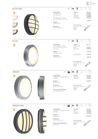 531

BULAN GRID                                  240~                    1,3         IP44



              Socket/Bulb:                          Versions:                          Art. No.:
              E27/AGL (excl.)                       white                              229081
              2x 25W max.                           silver grey                        229084
              or                                    anthracite                         229085
              E27/EnergySaver (excl.)               rust-coloured                      229087
              up to max. Ø/L: 5,2/17,3 cm
                                                                                       £49.90
              Material:
              Aluminium/PC
                                                    Recommended bulb:
              Dimensions:                           21W, 2500K, 1230lm, EEK=A
              Ø/D: 27,5/8,5 cm                      508416
                                                    £14.80




BULAN                                       240~                    1,7        IP44



              Socket/Bulb:                          Versions:                          Art. No.:
              E14/EnergySaver (excl.)               Glass satined
              up to max. Ø/L: 4,8/13 cm             white                              229071
              11W max.                              silver grey                        229072

              Material:                                                                £39.90
              Aluminium/glass
                                                    metal brushed                      229078
              Dimensions:
              Ø/D: 27,5/7 cm                                                           £49.90


                                                    Recommended bulb:
                                                    11W, 2700K, 530lm, EEK=A
                                                    508810
                                                    £12.90




                                          Ballast
DRAGAN                            240~
                                          EEI=B2                    4,0        IP44



              Socket/Bulb:                          Versions:                          Art. No.:
              G24d-3/TC-D EnergySaver (excl.)       silver grey                        230404
              2x 26W                                anthracite                         230405

              Material:                                                            £129.00
              Aluminium/PC

              Dimensions:                           Recommended bulb:
              Ø/D: 35/10,5 cm                       26W, 2700K, 1800lm, EEK=B
                                                    508226
              Accessory/Included parts:             £6.90
              Low-loss ballast (incl.)




                                          Ballast
DRAGAN GRID                       240~
                                          EEI=B2                    3,5        IP44



              Socket/Bulb:                          Versions:                          Art. No.:
              G24d-3/TC-D EnergySaver (excl.)       white                              232501
              2x 26W                                silver grey                        232504
                                                    anthracite                         232505
              Material:
              Aluminium/PC                                                         £129.00

              Dimensions:
              Ø/D: 37,5/11,5 cm                     Recommended bulb:
                                                    26W, 2700K, 1800lm, EEK=B
              Accessory/Included parts:             508226
              Ballast (incl.)                       £6.90
 