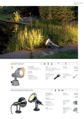 553




                                                                                                150°
EASYLITE ® SPOT E27                             240~
                                                                                    110°   12
                                                                                                                    1,6      IP44



                       Socket/Bulb:                    Note:                                      Versions:                         Art. No.:
                       E27/EnergySaver (excl.)         Lamp head is rotatable by                  stone grey                        230615
                       up to max. Ø/L: 4,5/13,5 cm     loosening the bolted connection in
                                                       the connection box.                                                          £99.00
                       Material:
                       Aluminium
                                                       Recommended accessory:                     Recommended bulb:
                       Dimensions:                     Earth spike, plastic black                 11W, 2700K, 530lm, EEK=A
                       Product-H: 25,5 cm              Spike-L: 25 cm                             508950
                       Head-Ø/L: 18/25 cm              230630                                     £9.90
                       Base-Ø/H: 13/8 cm               £3.95




                                                                                                         210°
NAUTILUS PAR38 STAINLESS STEEL                                         240~
                                                                                                                    1,3      IP65



                                                       Socket/Bulb:                               Versions:                         Art. No.:
                                                       E27/PAR38 (excl.)                          stainless steel                   229100
                                                       80W max.
                                                                                                                                    £99.00
                                                       Material:
                                                       Stainless steel 304
                                                                                                  Recommended bulb:
                                                       Dimensions:                                80W, 30°, 2500K
                                                       Lamp-H: 25 cm                              519760
                                                       Head-Ø: 15,5 cm                            £9.90
                                                       Supply line-L: 1,5 m

                                                       Note:                                      Recommended bulb:
                                                       Open cable end.                                     23W EnergySaver
                                                                                                  2700K, 1250lm
                                                                                                  519620
                                                                                                  £29.90
 
