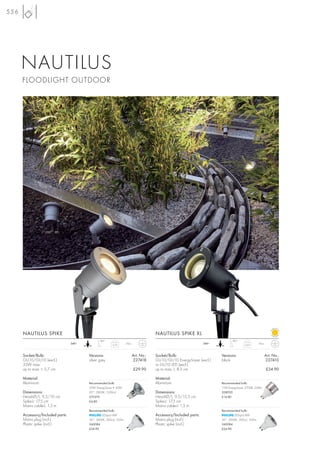556




      NAUTILUS
      FLOODLIGHT OUTDOOR




      NAUTILUS SPIKE                                                                   NAUTILUS SPIKE XL
                                                180°                                                                             180°
                                  240~                              IP65                                           240~                              IP65
                                                         0,75                                                                             0,63



      Socket/Bulb:                       Versions:                         Art. No.:   Socket/Bulb:                       Versions:                         Art. No.:
      GU10/GU10 (excl.)                  silver grey                       227418      GU10/GU10 EnergySaver (excl.)      black                             227410
      35W max.                                                                         or GU10 LED (excl.)
      up to max. L: 5,7 cm                                                 £29.90      up to max. L: 8,3 cm                                                 £34.90

      Material:                                                                        Material:
      Aluminium                          Recommended bulb:                             Aluminium                          Recommended bulb:
                                         35W EnergySaver ≙ 50W                                                            11W EnergySaver, 2700K, 220lm
      Dimensions:                        20°, 2800K, 1200cd                            Dimensions:                        508920
      Head-Ø/L: 9,5/10 cm                575370                                        Head-Ø/L: 9,5/15,5 cm              £14.80
      Spike-L: 17,5 cm                   £4.80                                         Spike-L: 17,5 cm
      Mains cable-L: 1,5 m                                                             Mains cable-L: 1,5 m
                                         Recommended bulb:                                                                Recommended bulb:
      Accessory/Included parts:                  LEDspot 4W                            Accessory/Included parts:                  LEDspot 4W
      Mains plug (incl.)                 36°, 3000K, 300cd, 165lm                      Mains plug (incl.)                 36°, 3000K, 300cd, 165lm
      Plastic spike (incl.)              560084                                        Plastic spike (incl.)              560084
                                         £24.90                                                                           £24.90
 