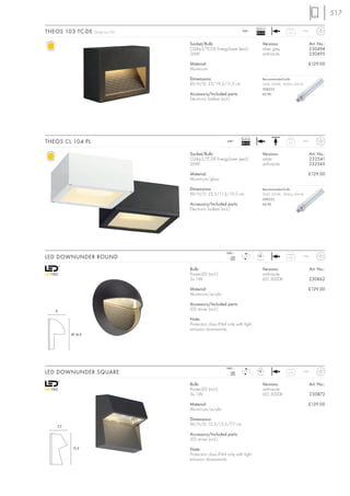 517
                                                                            Ballast
THEOS 103 TC-DE    Design by CDC                                  240~
                                                                            EEI=A2              2,2     IP44



                                   Socket/Bulb:                                 Versions:                      Art. No.:
                                   G24q-3/TC-DE EnergySaver (excl.)             silver grey                    230494
                                   26W                                          anthracite                     230495

                                   Material:                                                                £129.00
                                   Aluminium

                                   Dimensions:                                  Recommended bulb:
                                   W/H/D: 23/19,5/11,3 cm                       26W, 3000K, 1800lm, EEK=B
                                                                                508222
                                   Accessory/Included parts:                    £6.90
                                   Electronic ballast (incl.)




                                                                  Ballast
THEOS CL 104 PL                                          240~
                                                                  EEI=A2                        2,2     IP44



                                   Socket/Bulb:                                 Versions:                      Art. No.:
                                   G24q-3/TC-DE EnergySaver (excl.)             white                          232541
                                   26W                                          anthracite                     232545

                                   Material:                                                                £129.00
                                   Aluminium/glass

                                   Dimensions:                                  Recommended bulb:
                                   W/H/D: 23,5/11,3/19,5 cm                     26W, 3000K, 1800lm, EEK=B
                                                                                508222
                                   Accessory/Included parts:                    £6.90
                                   Electronic ballast (incl.)




                                                         240~                LED
LED DOWNUNDER ROUND                                         mA
                                                           350
                                                                   LED
                                                                            3 pce.
                                                                                               0,65     IP44



                                   Bulb:                                        Versions:                      Art. No.:
                                   PowerLED (incl.)                             anthracite
                                   3x 1W                                        LED 3000K                      230862

                                   Material:                                                                £129.00
                                   Aluminium/acrylic

                                   Accessory/Included parts:
   9
                                   LED driver (incl.)

                                   Note:
                                   Protection class IP44 only with light
                                   emission downwards.
          Ø 16,5




                                                         240~                LED
LED DOWNUNDER SQUARE                                        mA
                                                           350
                                                                   LED
                                                                            3 pce.
                                                                                               0,76
                                                                                                        IP44



                                   Bulb:                                        Versions:                      Art. No.:
                                   PowerLED (incl.)                             anthracite
                                   3x 1W                                        LED 3000K                      230872

                                   Material:                                                                £129.00
                                   Aluminium/acrylic

                                   Dimensions:
    7,7
                                   W/H/D: 15,3/15,2/7,7 cm

                                   Accessory/Included parts:
                                   LED driver (incl.)
          15,2                     Note:
                                   Protection class IP44 only with light
                                   emission downwards.
 