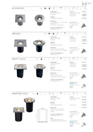597
                                                                                            120°C     0,5 t
N-TIC PRO GU10                      240~
                                                                  12,3      11,5    7-12                          0,35 J
                                                                                                                              1,76     IP67



                                                             Socket/Bulb:                                   Versions:                         Art. No.:
                                                             GU10/GU10 (excl.)                              stainless steel brushed
                                                             35W max.                                       round cover                       230910
                                                                                                            square cover                      230914
                                                             Material:
                                                             Stainless steel 316/glass                                                    £199.00

                                                             Dimensions:
                                                             Cover-Ø/D: 13,5/11,5 cm (round)                Recommended bulb:
                                                             Cover-L/W/D:                                   35W EnergySaver ≙ 50W
                                                             13,5/13,5/11,5 cm (square)                     20°, 2800K, 1200cd
                                                                                                            575370
                                                             Accessory/Included parts:                      £4.80
                                                             Mounting pot (incl.)

                                                                                                      133°C        5t
FIXED GU10                                     240~
                                                                            12       12      5-10
                                                                                                                              1,1      IP67



                                                             Socket/Bulb:                                   Versions:                         Art. No.:
                                                             GU10/GU10 (excl.)                              stainless steel
                                                             35W max.                                       round cover                       228210
                                                                                                            square cover                      228214
                                                             Material:
                                                             Aluminium                                                                        £89.50
                                                             Cover stainless steel 304

                                                             Dimensions:                                    Recommended bulb:
                                                             Ø/H: 13,5/11,5 cm (round)                      35W EnergySaver ≙ 50W
                                                             L/W/H: 13,5/13,5/11,5 cm (square)              20°, 2800K, 1200cd
                                                                                                            575370
                                                             Accessory/Included parts:                      £4.80
                                                             Mounting pot (incl.)

                                                       30°                                   110°C     2t
DASAR ® 115 GU10             240~
                                               90°                11,5      16,5    7-12                            20 J
                                                                                                                              0,9      IP67



                                                             Socket/Bulb:                                   Versions:                         Art. No.:
                                                             GU10/GU10 (excl.)                              stainless steel
                                                             35W max.                                       round cover                       229320
                                                                                                            square cover                      229324
                                                             Material:
                                                             Aluminium                                                                        £99.00
                                                             Cover stainless steel 316

                                                             Dimensions:                                    Recommended bulb:
                                                             Ø/H: 8/16 cm                                   35W EnergySaver ≙ 50W
                                                             Cover-Ø: 13 cm (round)                         20°, 2800K, 1200cd
                                                             Cover-L/W: 13/13 cm (square)                   575370
                                                                                                            £4.80
                                                             Accessory/Included parts:
                                                             Mounting pot (incl.)
                                                                                                            Recommended bulb:
                                                                                                                    LEDspot 4W
                                                                                                            36°, 3000K, 300cd, 165lm
                                                                                                            560084
                                                                                                            £24.90




                                                30°                                          96°C      2t
DASAR ® EXACT GU10   240~
                                    90°               11,6      11,6/11,6   17      7-12                            20 J
                                                                                                                              0,96     IP67



                                                             Socket/Bulb:                                   Versions:                         Art. No.:
                                                             GU10/GU10 (excl.)                              stainless steel brushed
                                                             35W max.                                       round cover                       228430

                                                             Material:                                                                        £99.00
                                                             Aluminium
                                                             Cover stainless steel 316                      square cover                      228434

                                                             Dimensions:                                                                      £119.00
                                      Ø 11,6
                                                             Ø/H: 11,6/16 cm (round)
                                                             L/W/H: 11,6/11,6/16,5 cm
                                                             (square)                                       Recommended bulb:
                                                                                                            35W EnergySaver ≙ 50W
                                                             Accessory/Included parts:                      20°, 2800K, 1200cd
                            17                               Mounting pot (incl.)                           575370
                                                                                                            £4.80
                                                             Note:
                                                             Dasar® Exact lamps can be
                                                             installed flush with the ground level.         Recommended bulb:
                                                                                                                    LEDspot 4W
                                                                                                            36°, 3000K, 300cd, 165lm
                                                                                                            560084
                                                                                                            £24.90
 