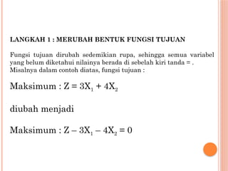 LANGKAH 1 : MERUBAH BENTUK FUNGSI TUJUAN
Fungsi tujuan dirubah sedemikian rupa, sehingga semua variabel
yang belum diketahui nilainya berada di sebelah kiri tanda = .
Misalnya dalam contoh diatas, fungsi tujuan :
Maksimum : Z = 3X1 + 4X2
diubah menjadi
Maksimum : Z – 3X1 – 4X2 = 0
 
