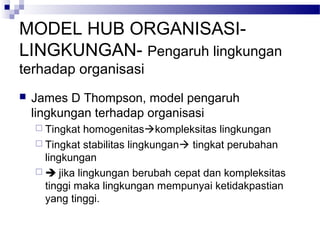 MODEL HUB ORGANISASI-
LINGKUNGAN- Pengaruh lingkungan
terhadap organisasi
   James D Thompson, model pengaruh
    lingkungan terhadap organisasi
     Tingkat  homogenitaskompleksitas lingkungan
     Tingkat stabilitas lingkungan tingkat perubahan
      lingkungan
      jika lingkungan berubah cepat dan kompleksitas
      tinggi maka lingkungan mempunyai ketidakpastian
      yang tinggi.
 