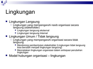 Lingkungan
   Lingkungan Langsung
       Lingkungan yang mempengaruhi nasib organisasi secara
        langsung (stakeholder)
            Lingkungan langsung eksternal
            Lingkungan langsung Internal
   Lingkungan Umum / Tidak langsung
       Lingkungan yang mempengaruhi organisasi secara tidak
        langsung
            Mendorong pembentukan stakeholder (Lingkungan tidak langsung
             bisa berubah menjadi lingkungan langsung)
            Menciptakan lingkungan organsiasi dalam antisipasi perubahan
             lingkungan
   Model hubungan organisasi – lingkungan
 