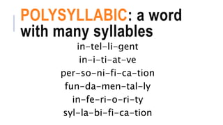 POLYSYLLABIC: a word
with many syllables
in-tel-li-gent
in-i-ti-at-ve
per-so-ni-fi-ca-tion
fun-da-men-tal-ly
in-fe-ri-o-ri-ty
syl-la-bi-fi-ca-tion
 