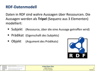 RDF-Datenmodell
Daten in RDF sind wahre Aussagen über Ressourcen. Die
Aussagen werden als Tripel (Sequenz aus 3 Elementen)
modelliert:
  Subjekt (Ressource, über die eine Aussage getroffen wird)
  Prädikat (Eigenschaft des Subjekts)
  Objekt    (Argument des Prädikats)




                         Linked Open Data
                          :: ZBIW-Seminar ::                     6
                          Dr. Peter Kostädt                03/2011
 