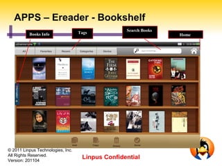 APPS – Ereader - Bookshelf
                                                  Search Books
          Books Info               Tags                          Home




© 2011 Linpus Technologies, Inc.
All Rights Reserved.
Version: 201104
                                    Linpus Confidential
 