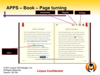 APPS – Book – Page turning
                                     Annotations     Magnify   Settings




Use two fingers
 to select text




© 2011 Linpus Technologies, Inc.
All Rights Reserved.
Version: 201104
                                   Linpus Confidential
 