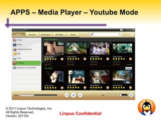 APPS – Media Player – Youtube Mode




© 2011 Linpus Technologies, Inc.
All Rights Reserved.
Version: 201104
                                   Linpus Confidential
 