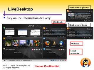 Read news by picture
     LiveDesktop
   Key online information delivery
                                                RSS Reader
                                                             Read news by items




                                                              Webmail


                                                              Social
                                                              networks




© 2011 Linpus Technologies, Inc.
All Rights Reserved.
                                   Linpus Confidential
 
