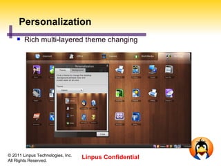 Personalization
       Rich multi-layered theme changing




© 2011 Linpus Technologies, Inc.
All Rights Reserved.
                                   Linpus Confidential
 