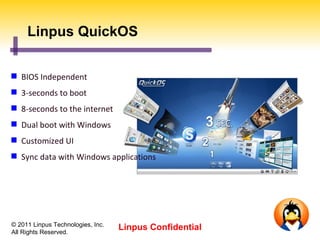 Linpus QuickOS


 BIOS Independent
 3-seconds to boot
 8-seconds to the internet
 Dual boot with Windows
 Customized UI
 Sync data with Windows applications




© 2011 Linpus Technologies, Inc.
All Rights Reserved.
                                   Linpus Confidential
 