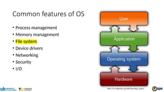 Common features of OS
• Process management
• Memory management
• File system
• Device drivers
• Networking
• Security
• I/O
https://en.wikipedia.org/wiki/Operating_system
 