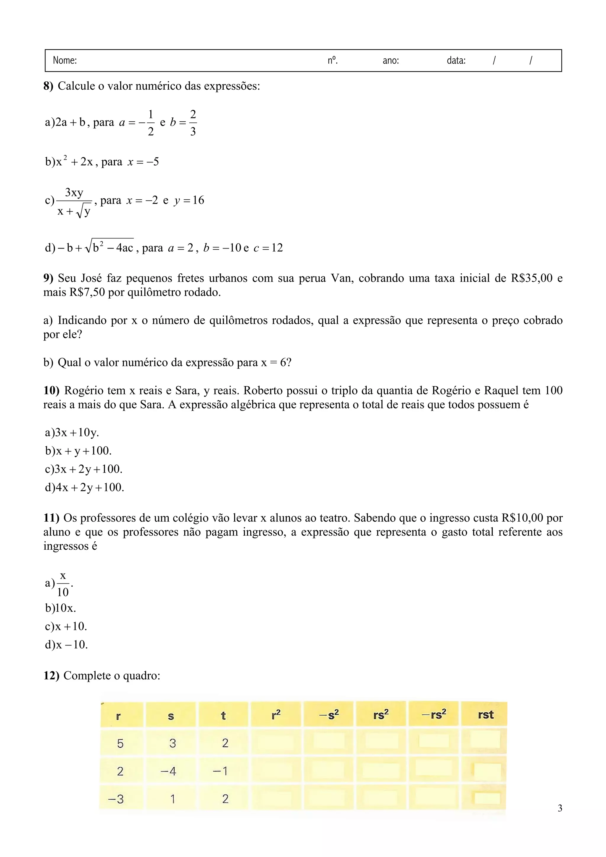 3ª lista de exercícios complementares de matemática (expressões ...