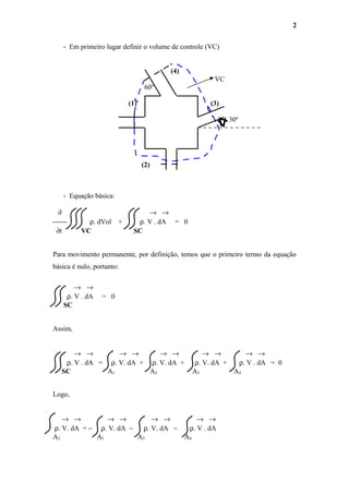- Em primeiro lugar definir o volume de controle (VC)
(4)
VC
60º
(1) (3)
30º
(2)
- Equação básica:
∂ → →
 ρ. dVol + ρ. V . dA = 0
∂t VC SC
Para movimento permanente, por definição, temos que o primeiro termo da equação
básica é nulo, portanto:
→ →
ρ. V . dA = 0
SC
Assim,
→ → → → → → → → → →
ρ. V . dA = ρ. V. dA + ρ. V. dA + ρ. V. dA + ρ. V . dA = 0
SC A1 A2 A3 A4
Logo,
→ → → → → → → →
ρ. V. dA = − ρ. V. dA − ρ. V. dA − ρ. V . dA
A2 A1 A3 A4
2
 