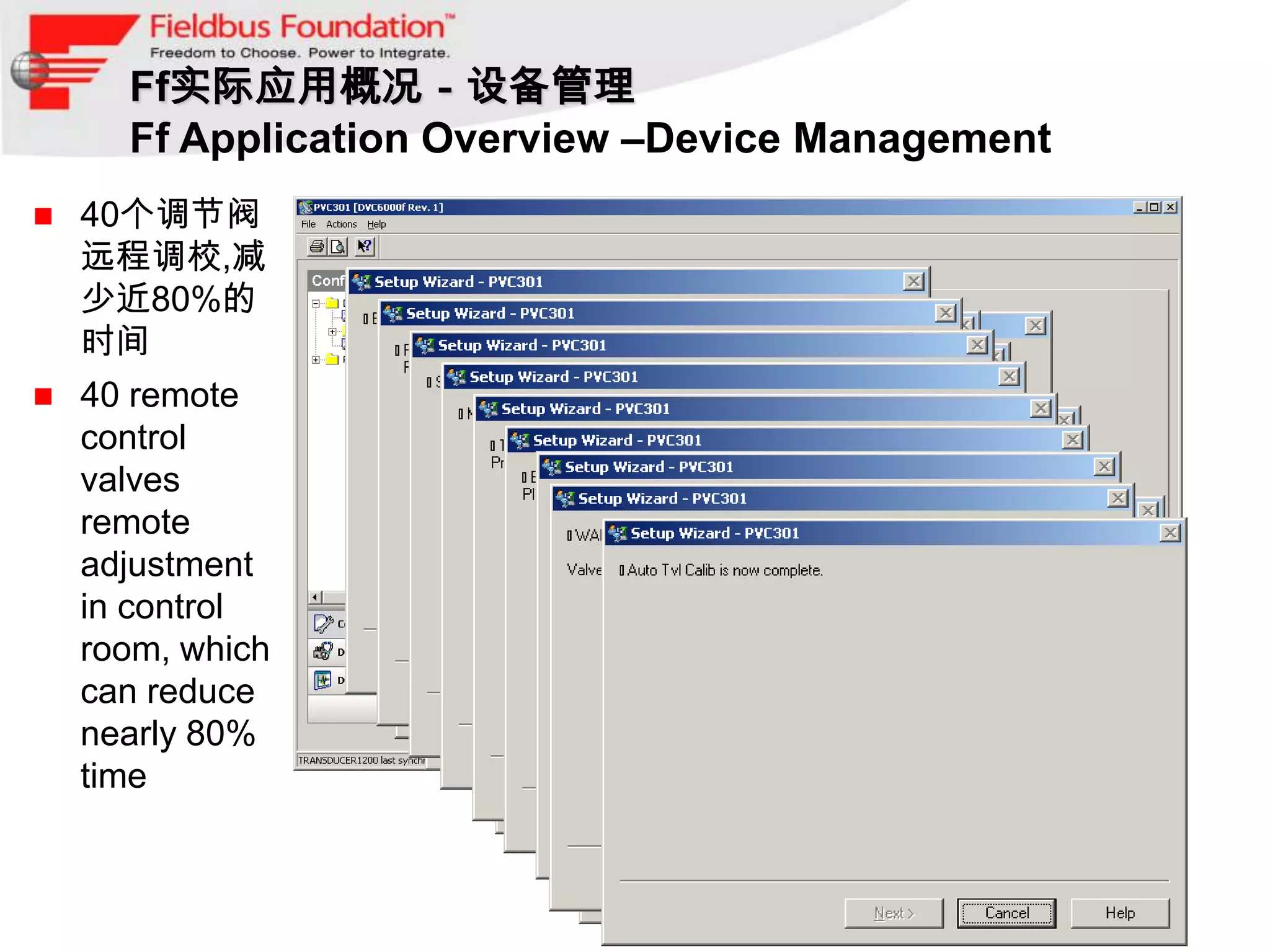 Ff实际应用概况－设备管理
      Ff Application Overview –Device Management
   40个调节阀
    远程调校,减
    少近80%的
    时间
   40 remote
    control
    valves
    remote
    adjustment
    in control
    room, which
    can reduce
    nearly 80%
    time
 