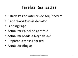 Tarefas Realizadas
•   Entrevistas aos ateliers de Arquitectura
•   Elaborámos Curvas de Valor
•   Landing Page
•   Actualizar Painel de Controlo
•   Actualizar Modelo Negócio 3.0
•   Preparar Lessons Learned
•   Actualizar Blogue

                    portuguesearchitect.blogspot.pt   6
 