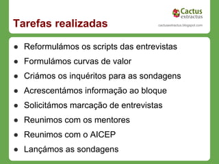 Tarefas realizadas                  cactusextractus.blogspot.com




● Reformulámos os scripts das entrevistas
● Formulámos curvas de valor
● Criámos os inquéritos para as sondagens
● Acrescentámos informação ao bloque
● Solicitámos marcação de entrevistas
● Reunimos com os mentores
● Reunimos com o AICEP
● Lançámos as sondagens
 