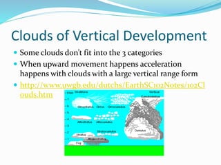 Clouds of Vertical Development
 Some clouds don’t fit into the 3 categories
 When upward movement happens acceleration
happens with clouds with a large vertical range form
 http://www.uwgb.edu/dutchs/EarthSC102Notes/102Cl
ouds.htm
 