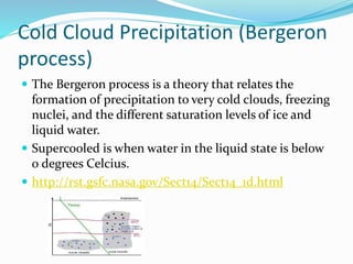 Cold Cloud Precipitation (Bergeron
process)
 The Bergeron process is a theory that relates the
formation of precipitation to very cold clouds, freezing
nuclei, and the different saturation levels of ice and
liquid water.
 Supercooled is when water in the liquid state is below
0 degrees Celcius.
 http://rst.gsfc.nasa.gov/Sect14/Sect14_1d.html
 