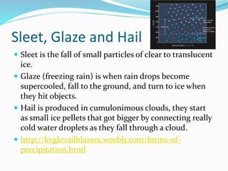 Sleet, Glaze and Hail
 Sleet is the fall of small particles of clear to translucent
ice.
 Glaze (freezing rain) is when rain drops become
supercooled, fall to the ground, and turn to ice when
they hit objects.
 Hail is produced in cumulonimous clouds, they start
as small ice pellets that got bigger by connecting really
cold water droplets as they fall through a cloud.
 http://kvgktrailblazers.weebly.com/forms-of-
precipitation.html
 