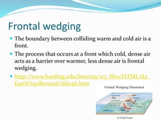Frontal wedging
 The boundary between colliding warm and cold air is a
front.
 The process that occurs at a front which cold, dense air
acts as a barrier over warmer, less dense air is frontal
wedging.
 http://www.harding.edu/lmurray/113_files/HTML/d2_
Earth%20Revised/sld046.htm
 