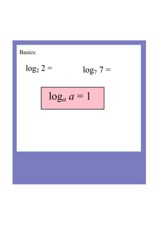Basics:
log2 2 = log7 7 = 
loga a = 1
 