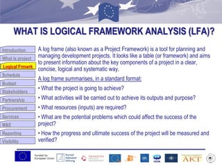 Funded by
European Union
Introduction
What is project
Logical Frmwrk
Schedule
Budget
Stakeholders
Partnership
Procurement
Services
M&E
Reporting
Visibility
WHAT IS LOGICAL FRAMEWORK ANALYSIS (LFA)?
A log frame (also known as a Project Framework) is a tool for planning and
managing development projects. It looks like a table (or framework) and aims
to present information about the key components of a project in a clear,
concise, logical and systematic way.
A log frame summarises, in a standard format:
• What the project is going to achieve?
• What activities will be carried out to achieve its outputs and purpose?
• What resources (inputs) are required?
• What are the potential problems which could affect the success of the
project?
• How the progress and ultimate success of the project will be measured and
verified?
Logical Frmwrk
 