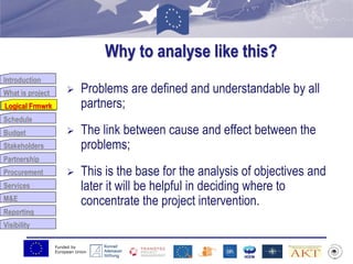 Funded by
European Union
Introduction
What is project
Logical Frmwrk
Schedule
Budget
Stakeholders
Partnership
Procurement
Services
M&E
Reporting
Visibility
Why to analyse like this?
 Problems are defined and understandable by all
partners;
 The link between cause and effect between the
problems;
 This is the base for the analysis of objectives and
later it will be helpful in deciding where to
concentrate the project intervention.
Logical Frmwrk
 