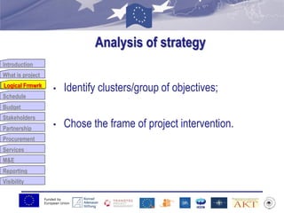 Funded by
European Union
Introduction
What is project
Logical Frmwrk
Schedule
Budget
Stakeholders
Partnership
Procurement
Services
M&E
Reporting
Visibility
Analysis of strategy
• Identify clusters/group of objectives;
• Chose the frame of project intervention.
Logical Frmwrk
 